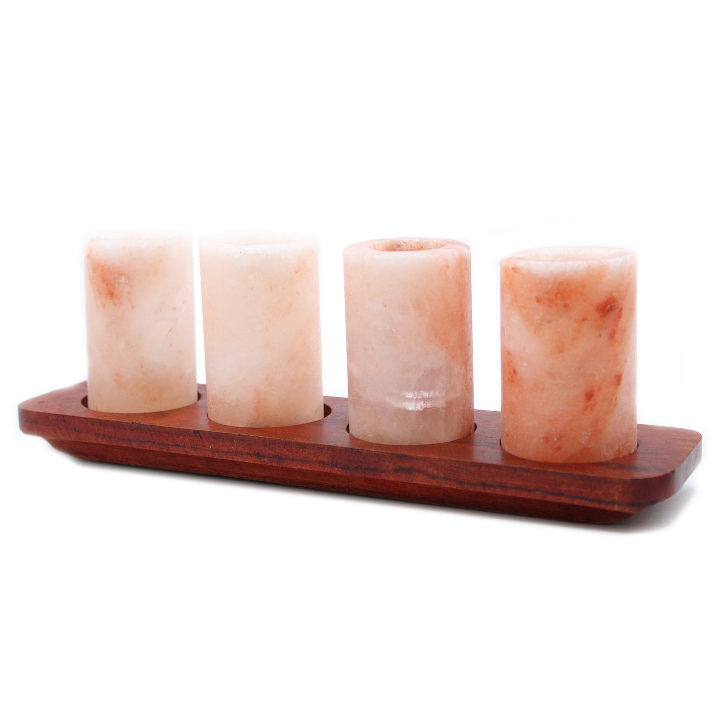 Ensemble de 4 verres à liqueur en sel de l'Himalaya et support de service en bois