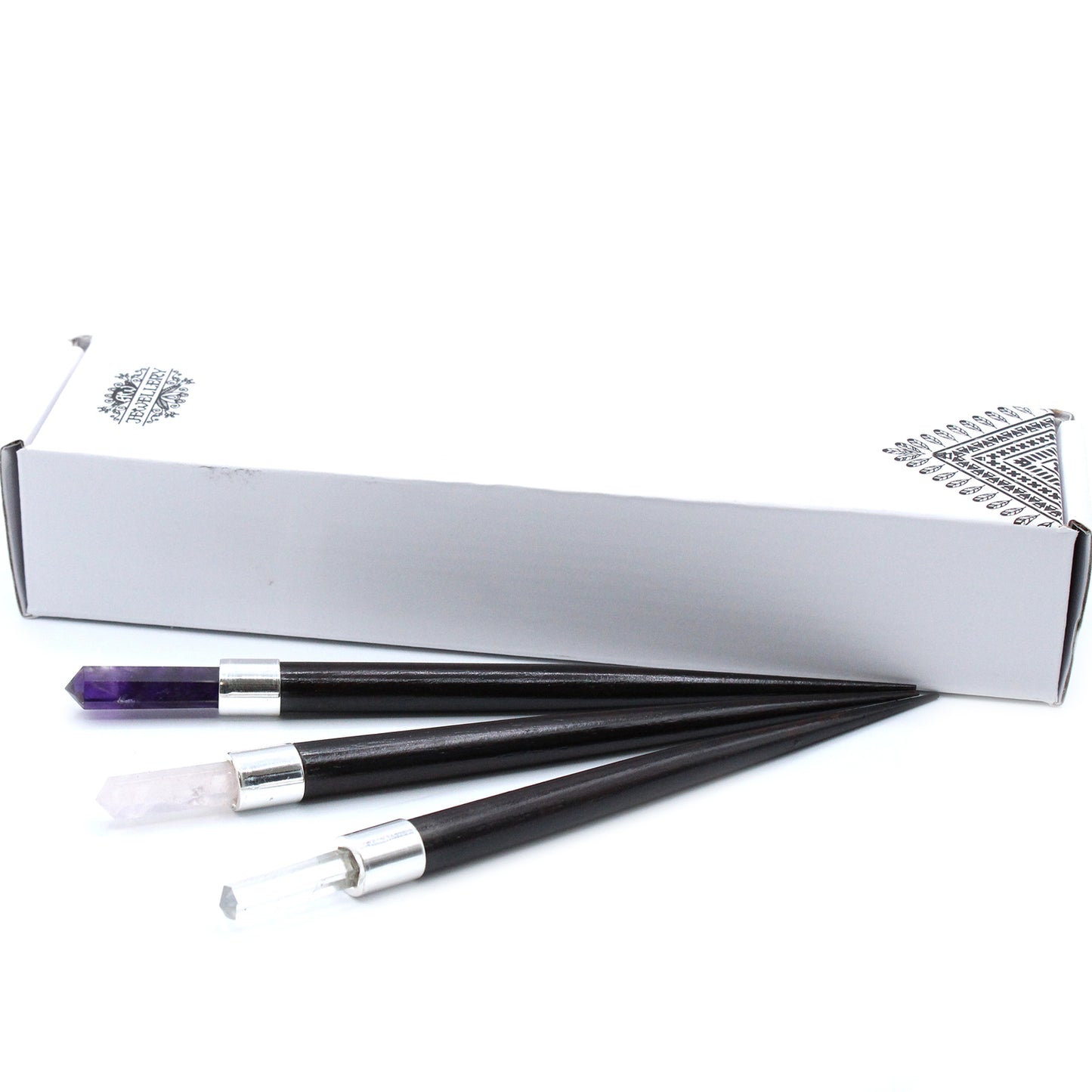 3 baguettes de guérison pointues assorties : quartz de roche, quartz rose ou améthyste
