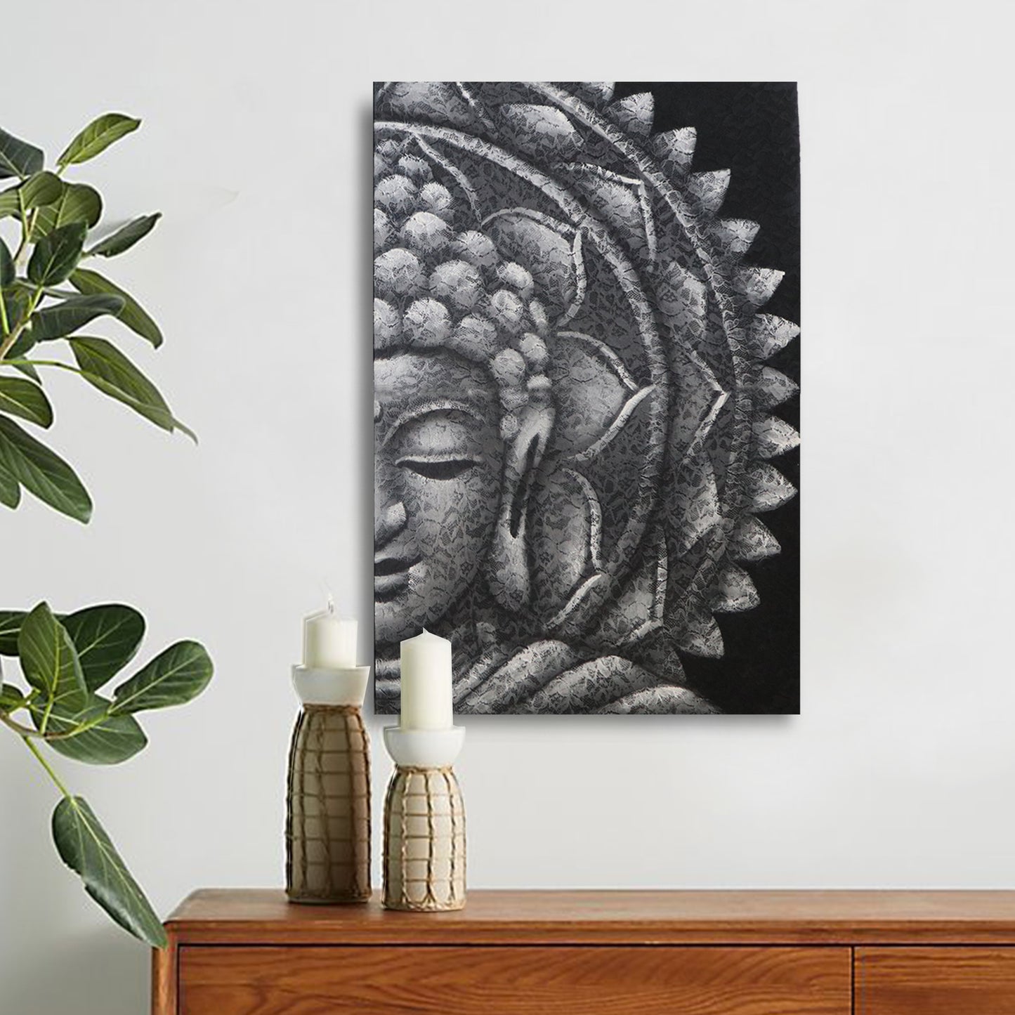 Demi-mandala Bouddha gris 60x80cm