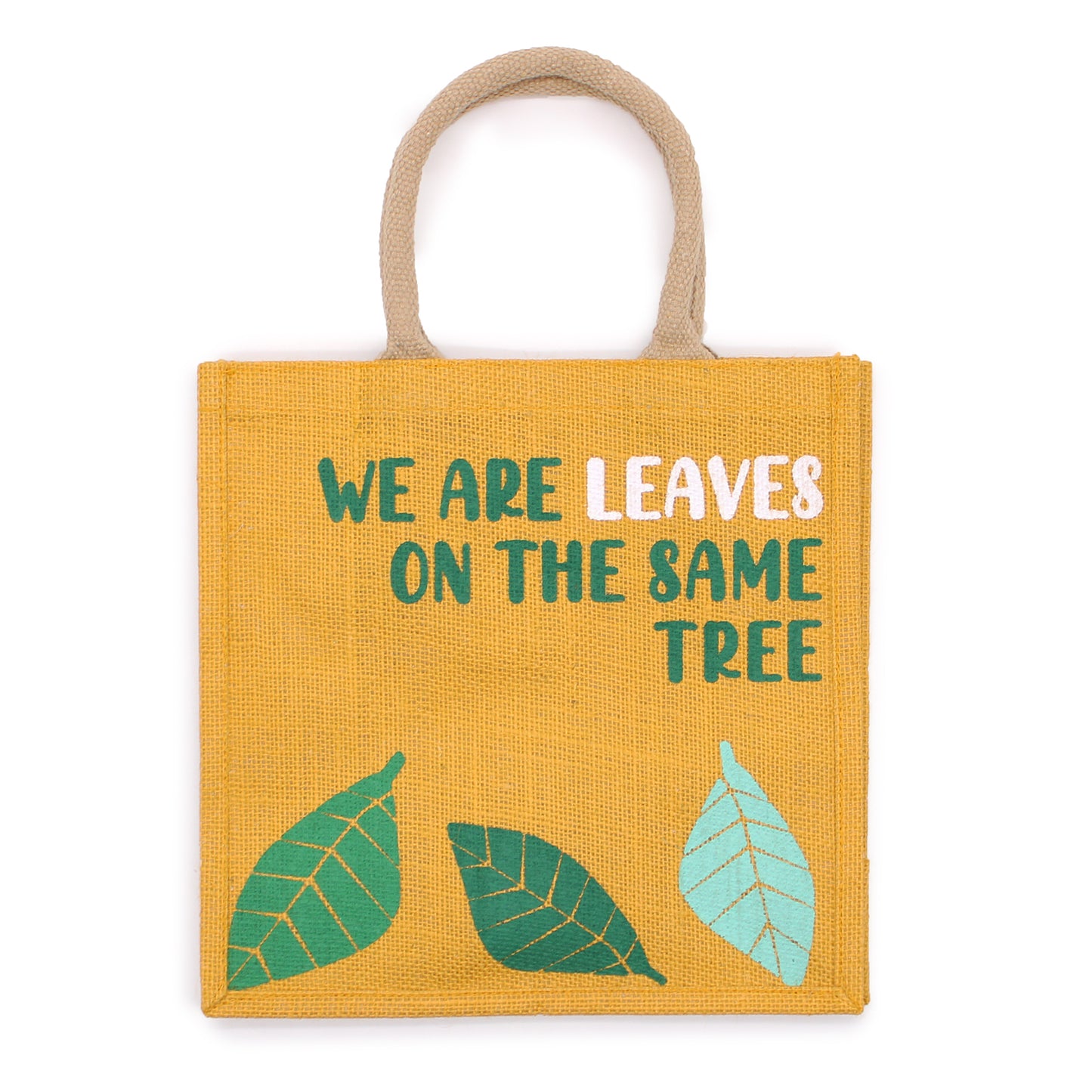 Sac en jute imprimé - Nous sommes des feuilles - Jaune, Bleu et Naturel