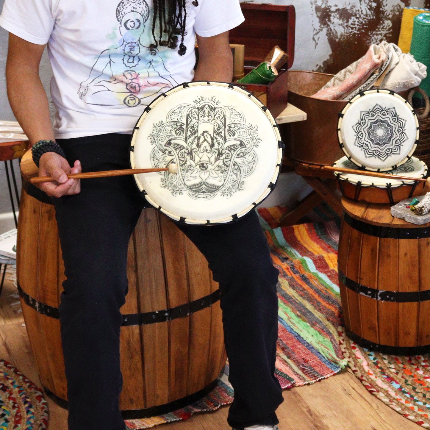 Tambour chamanique Hamsa avec maillet - 30 cm
