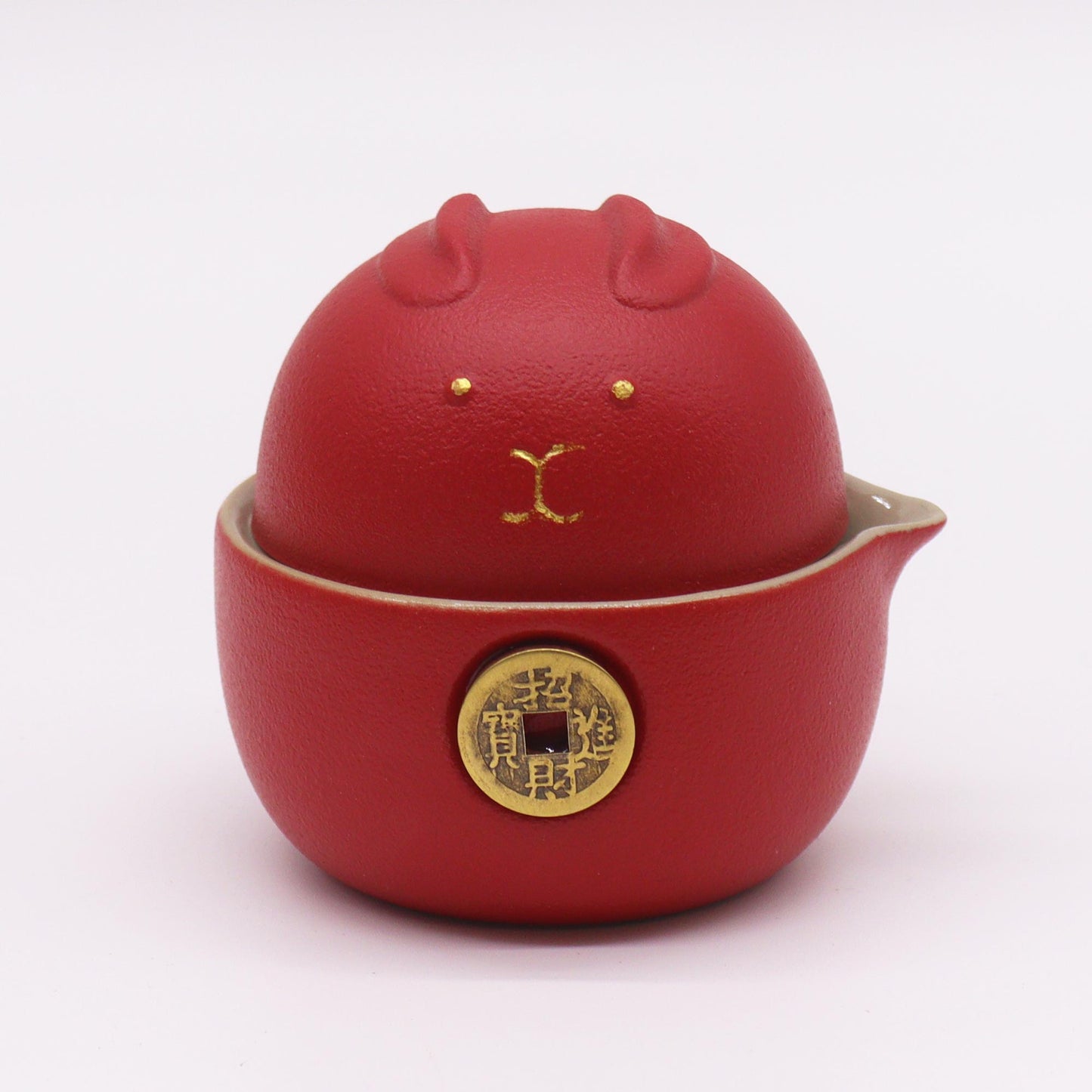 Ensemble théière Money Cat - Deux tasses et étui de voyage - Rouge