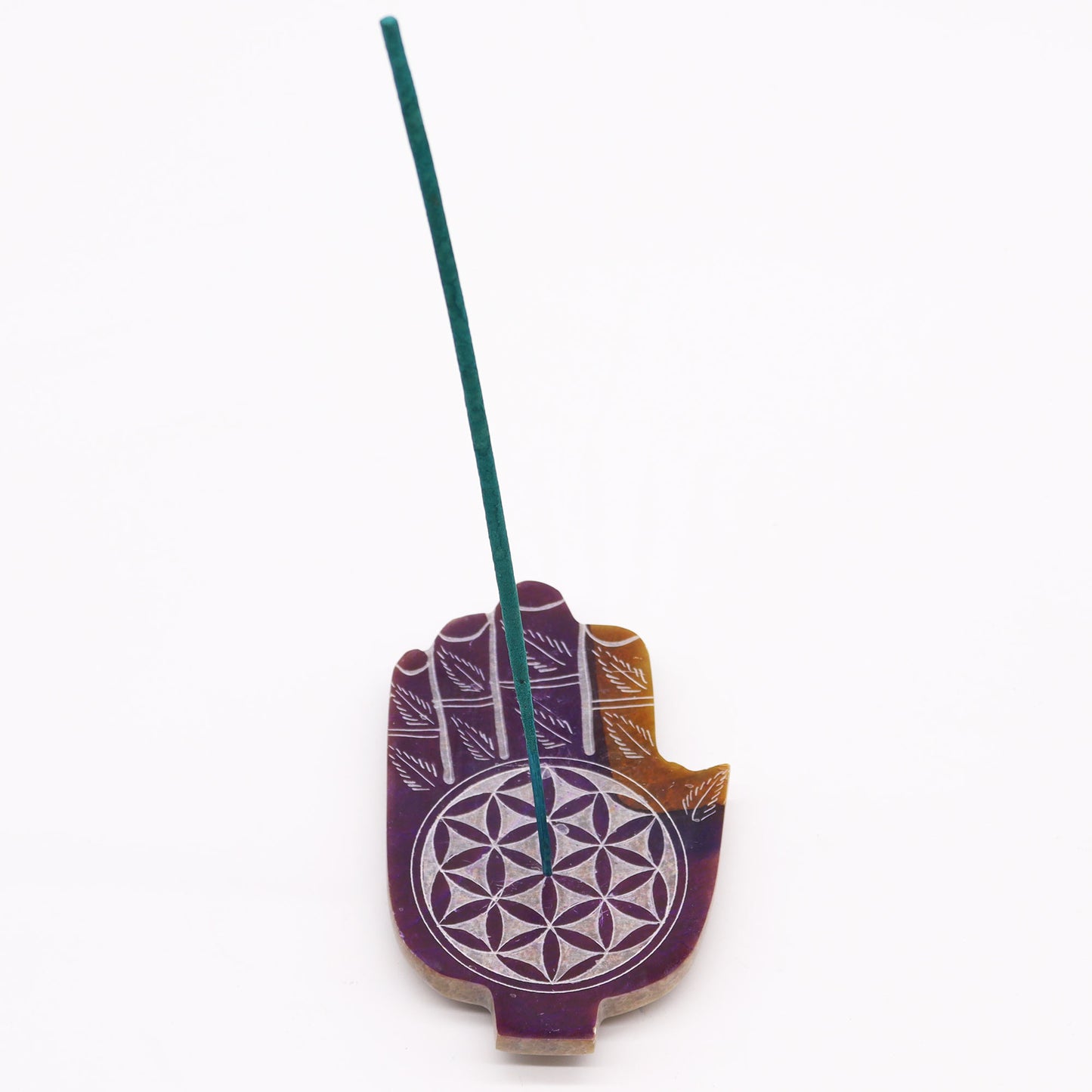 Porte-encens en stéatite Hamsa de taille moyenne (13 x 9 cm) – Fleur de vie