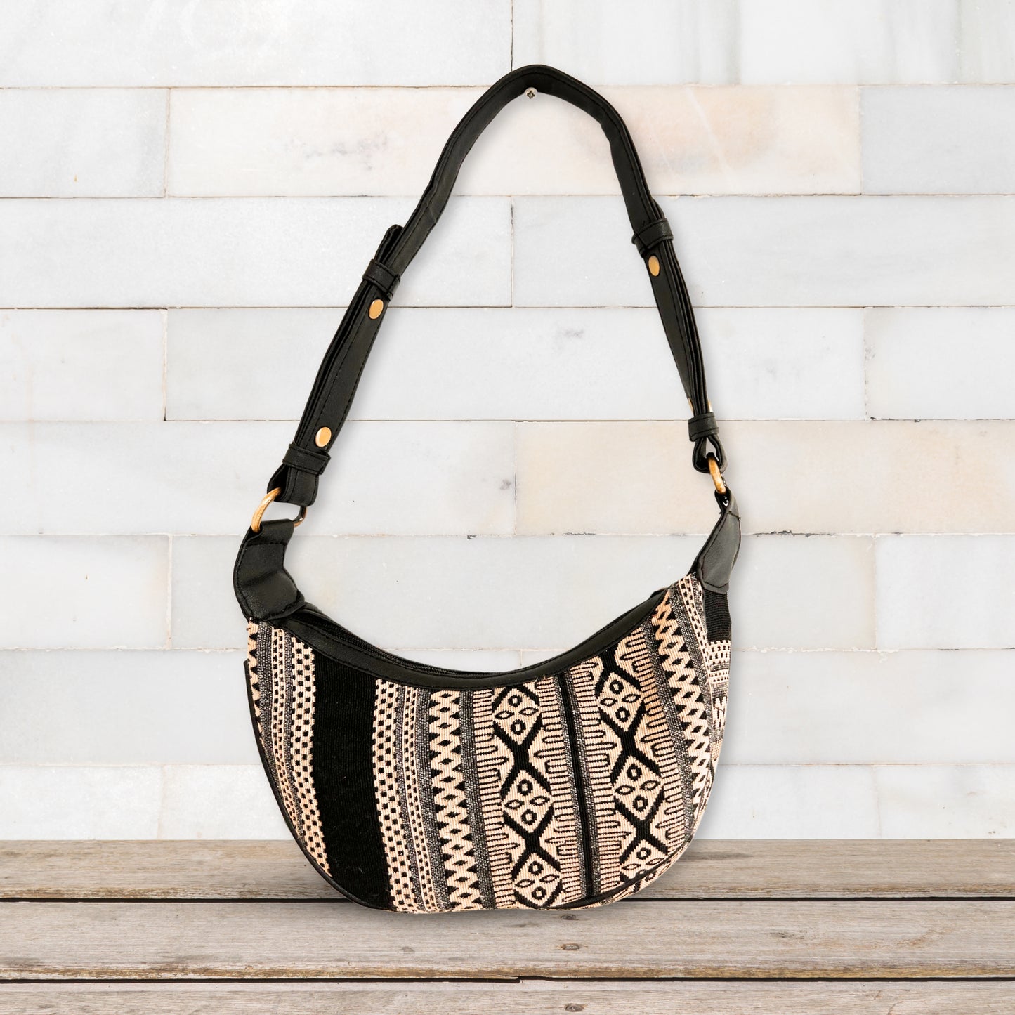 Sac hobo Jacquard - Gris métro (bandoulière noire)