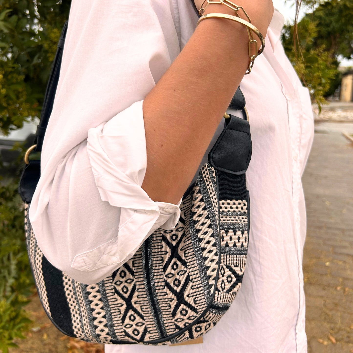 Sac hobo Jacquard - Gris métro (bandoulière noire)