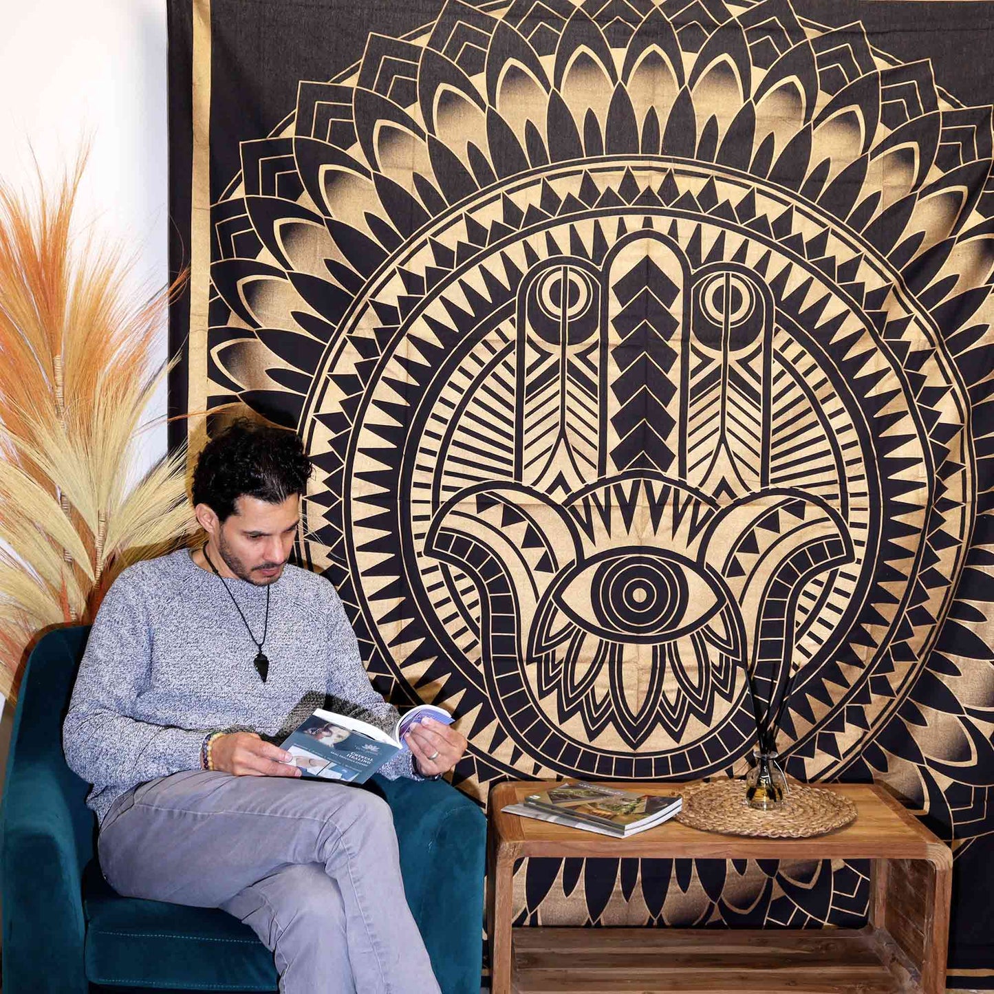 Couette double en coton + tenture murale - Hamsa - Noir et or