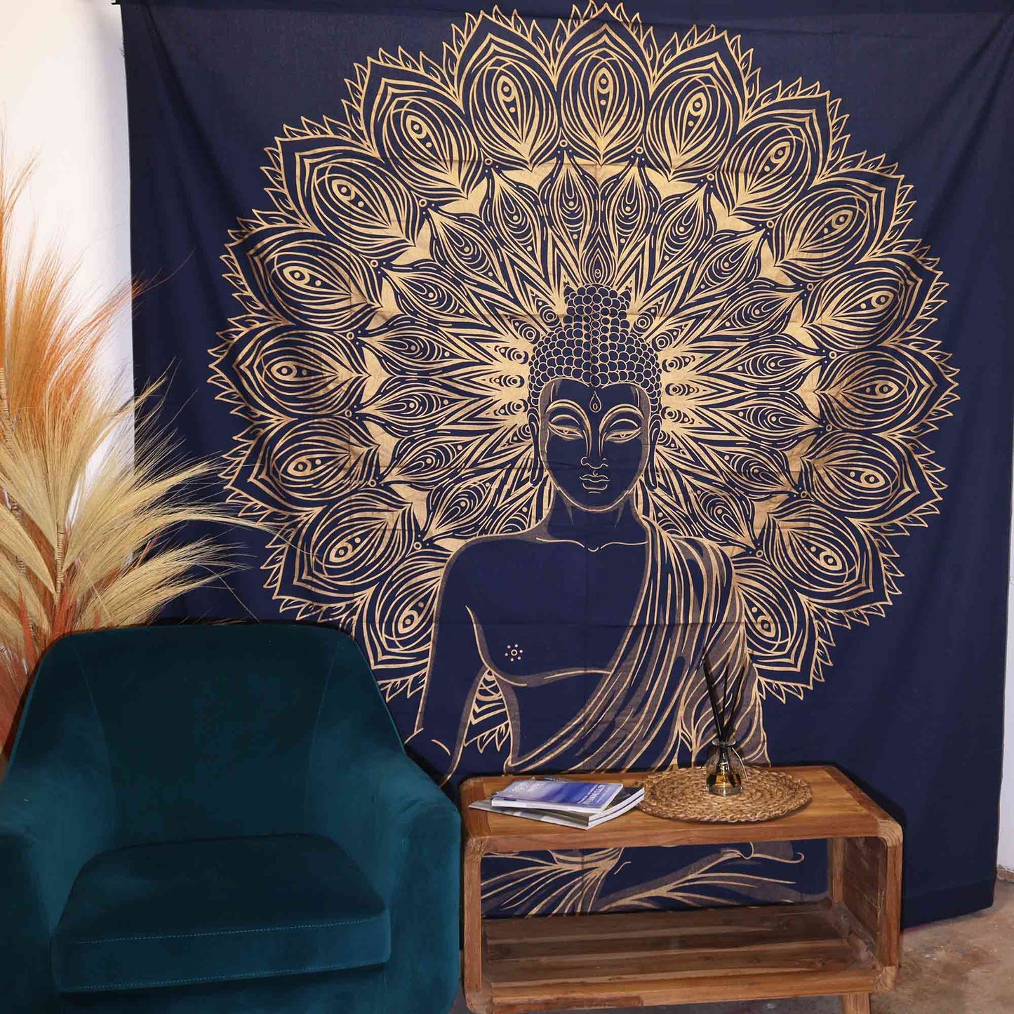 Couette double en coton + tenture murale - Bouddha - Bleu doré