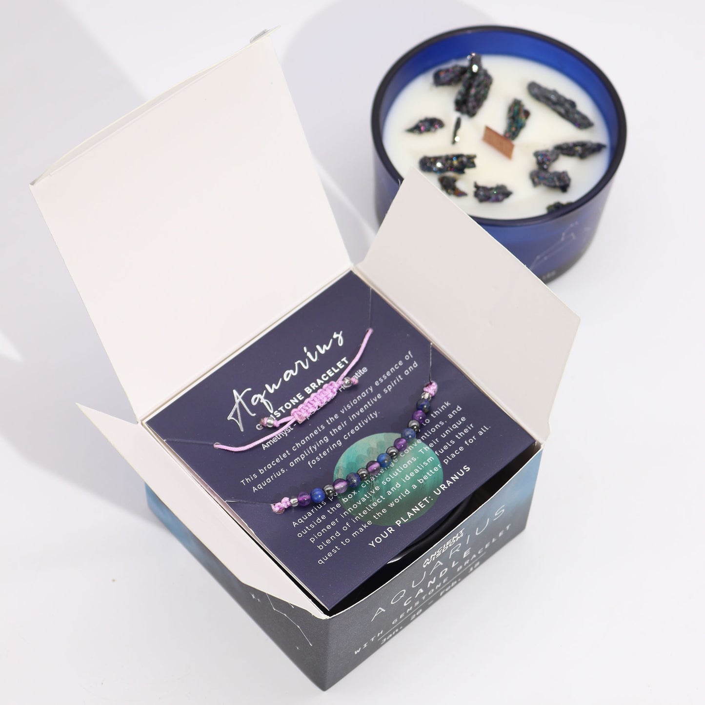Bougie en cristal du zodiaque avec bracelet en pierres précieuses – Verseau