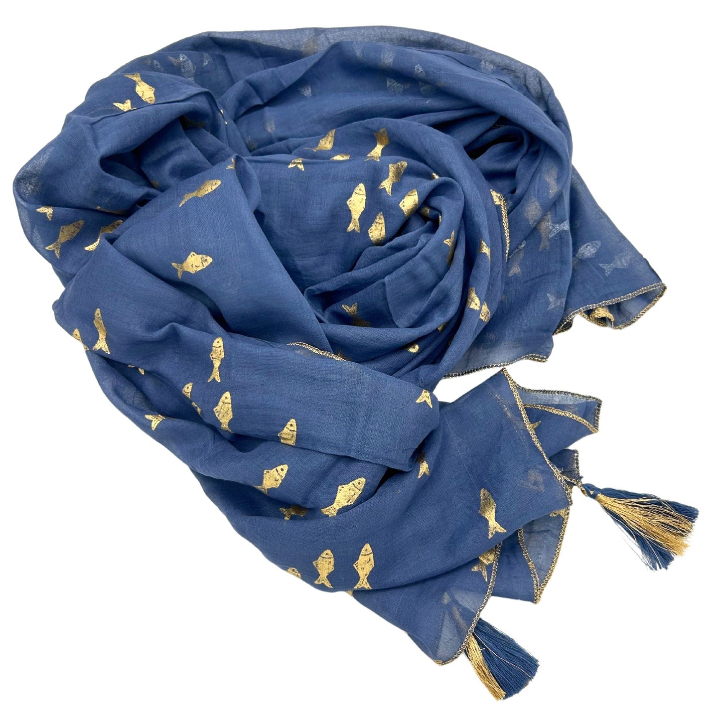 Collection Sari Nomad Méditerranéen - Sarong - Motif Poisson Bleu Marine et Or