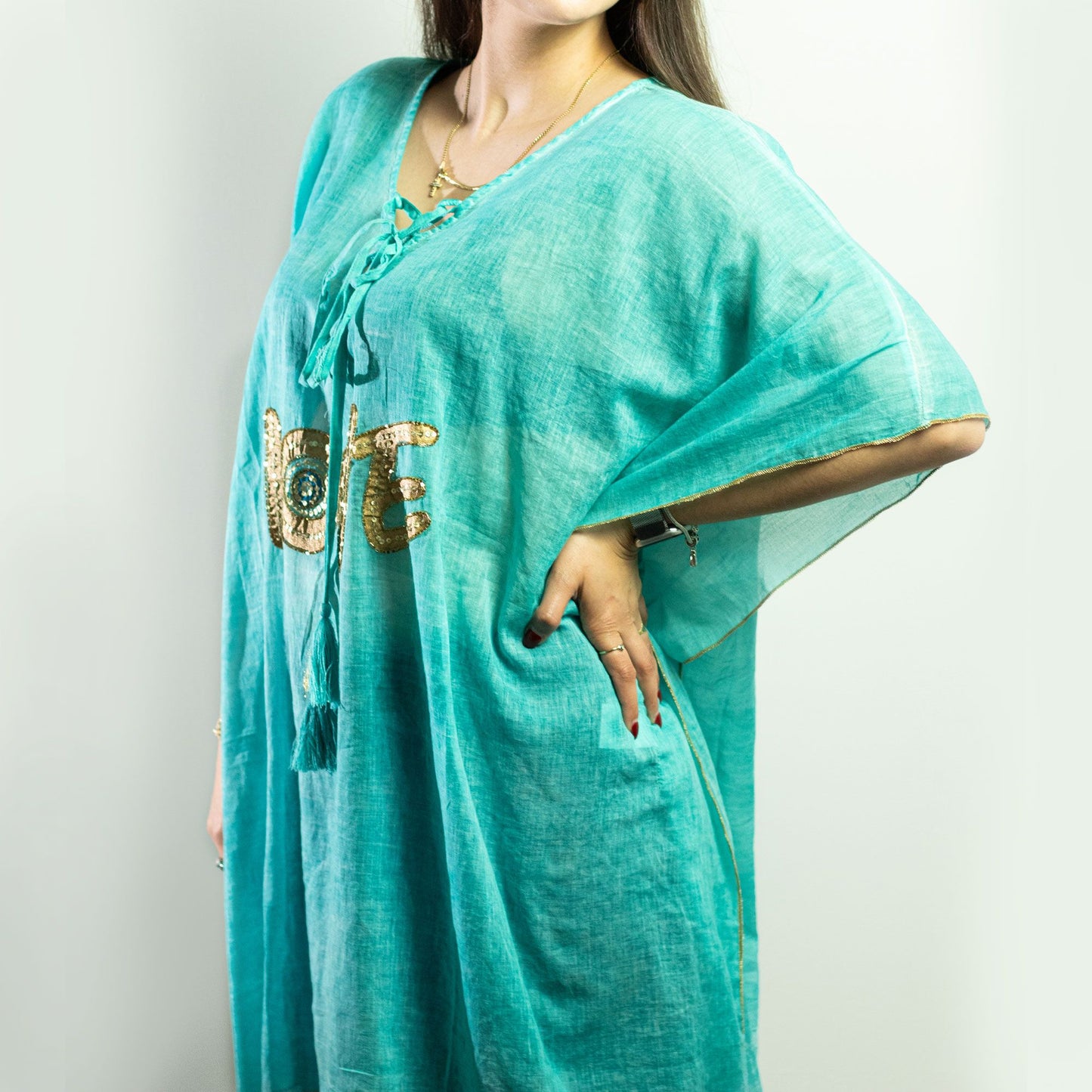 Collection Nomad : sari méditerranéen – caftan – motif cœur turquoise et or