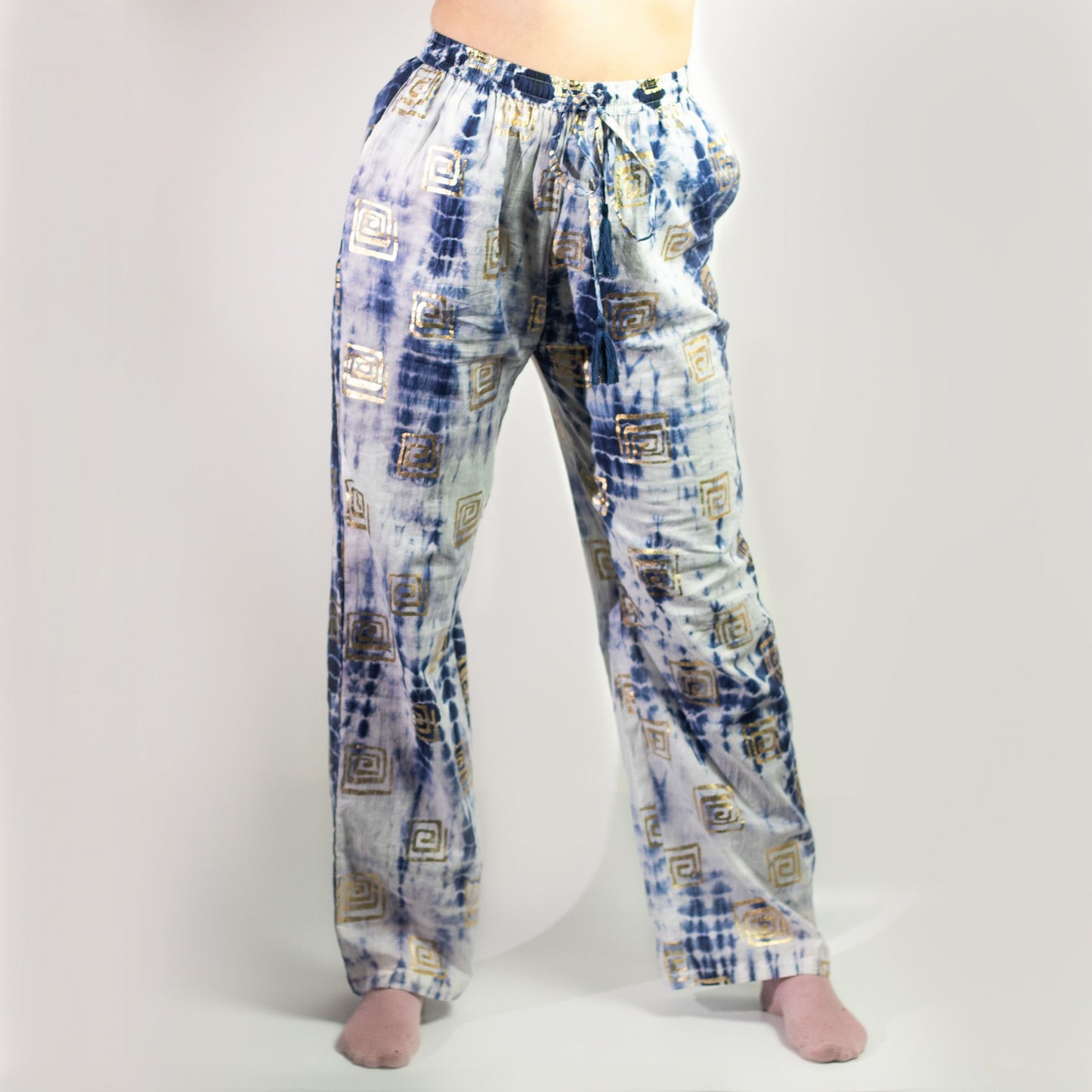 (LXL) Collection Nomad Sari méditerranéen - Pantalon - Motif grec en or et bleu