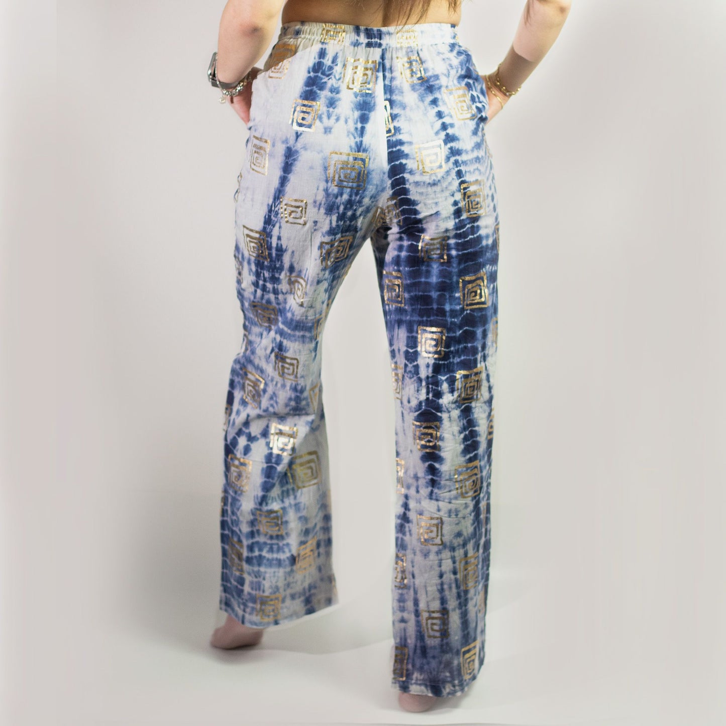 (LXL) Collection Nomad Sari méditerranéen - Pantalon - Motif grec en or et bleu