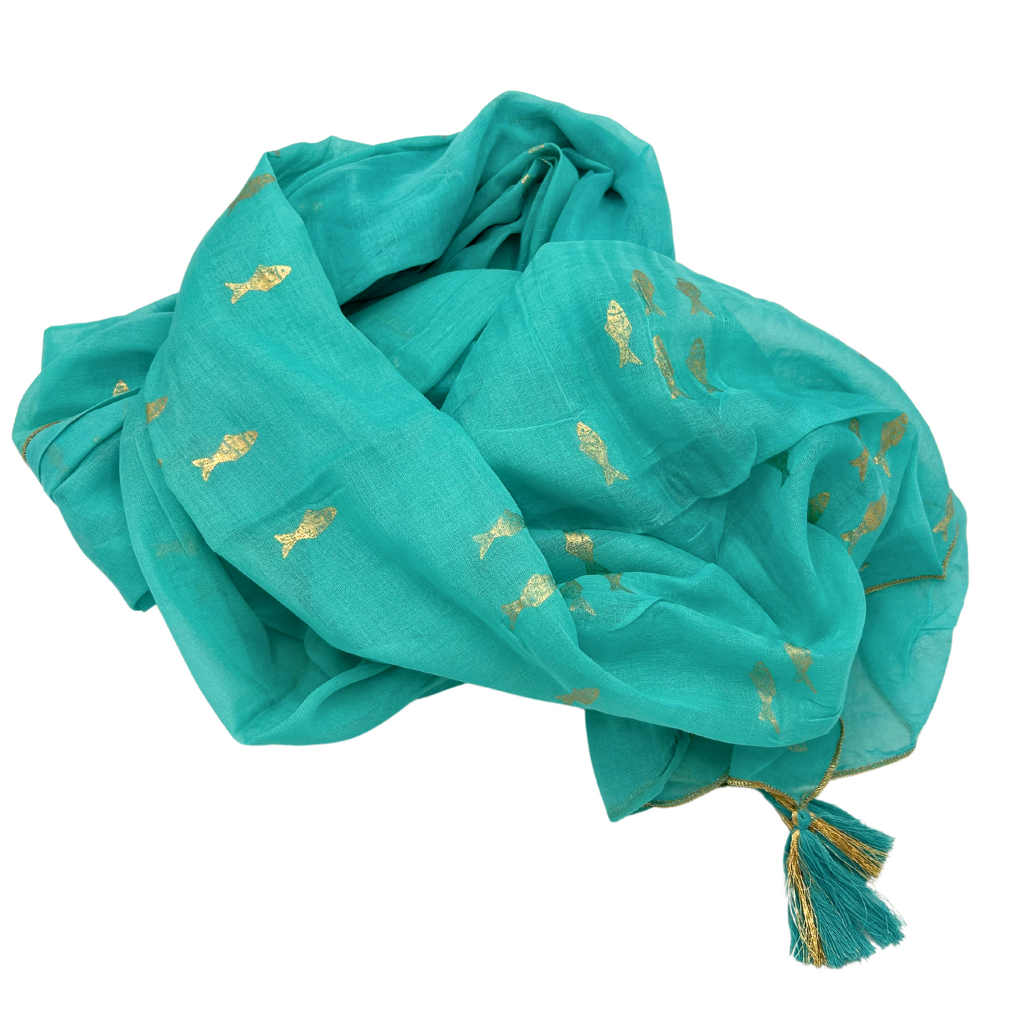 Collection Sari Nomad Méditerranéen - Sarong - Motif Poisson Turquoise et Or