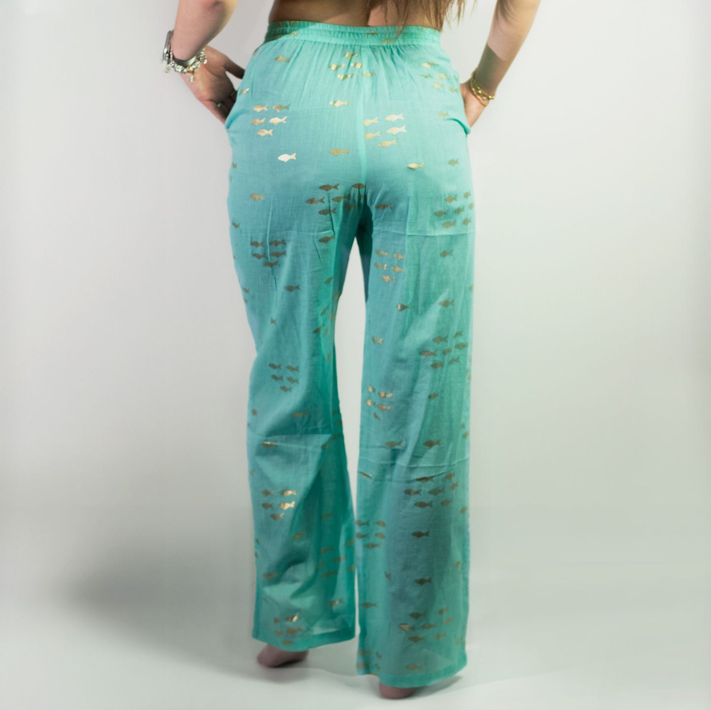 (ML) Collection Nomad Sari méditerranéen - Pantalon - Motif poisson turquoise et doré