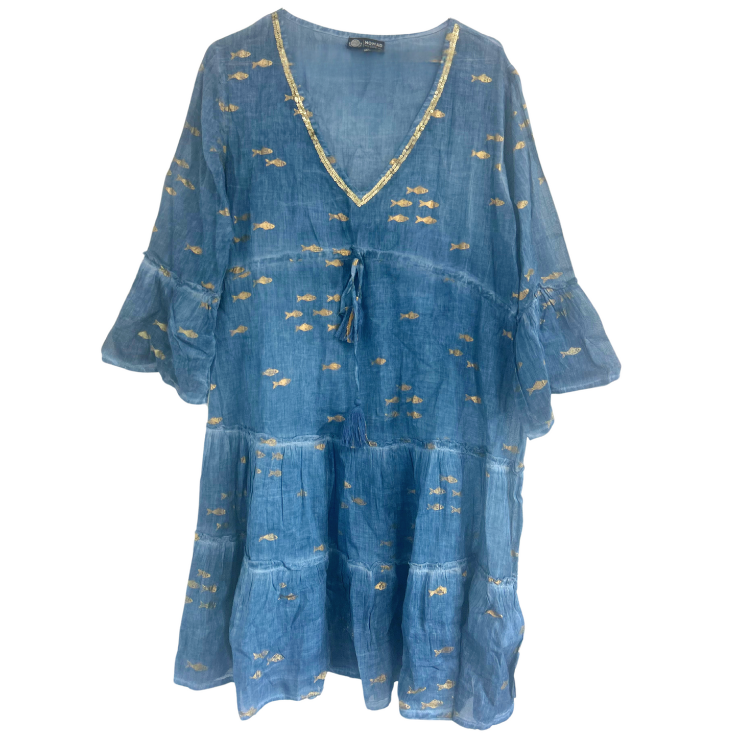 (LXL) Collection Nomad Sari - Robe - Motif poisson bleu marine et doré