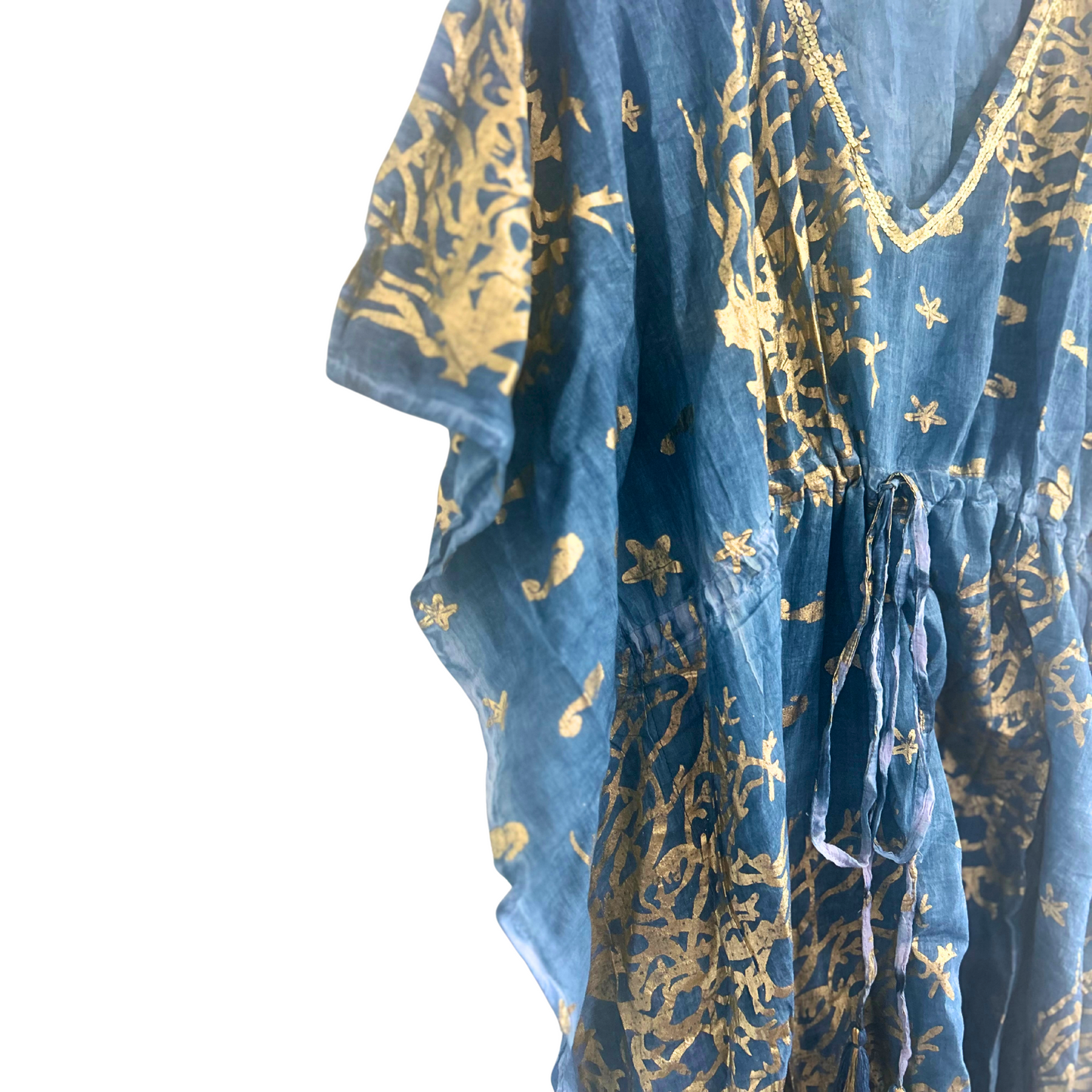 Sari méditerranéen de la collection Nomad - Kaftan - Motif corail bleu marine et or