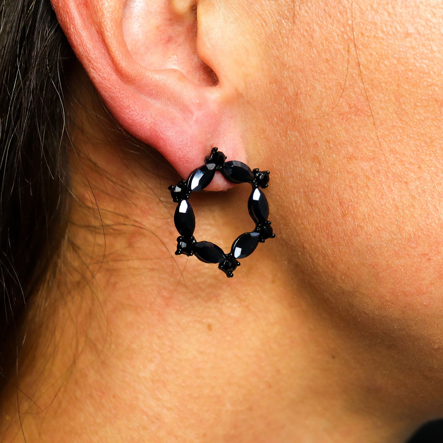 Negro Azabache - Vidrio Vintage - Aro - Aretes