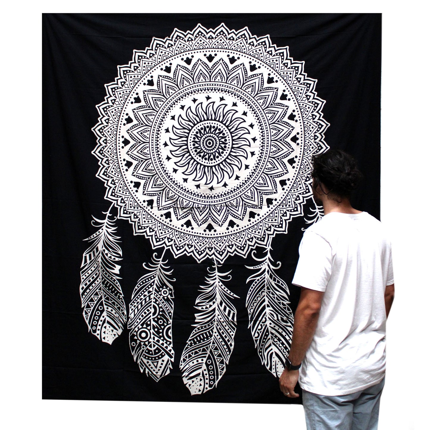 Couette double en coton noir et blanc + tapisserie - Attrape-rêves