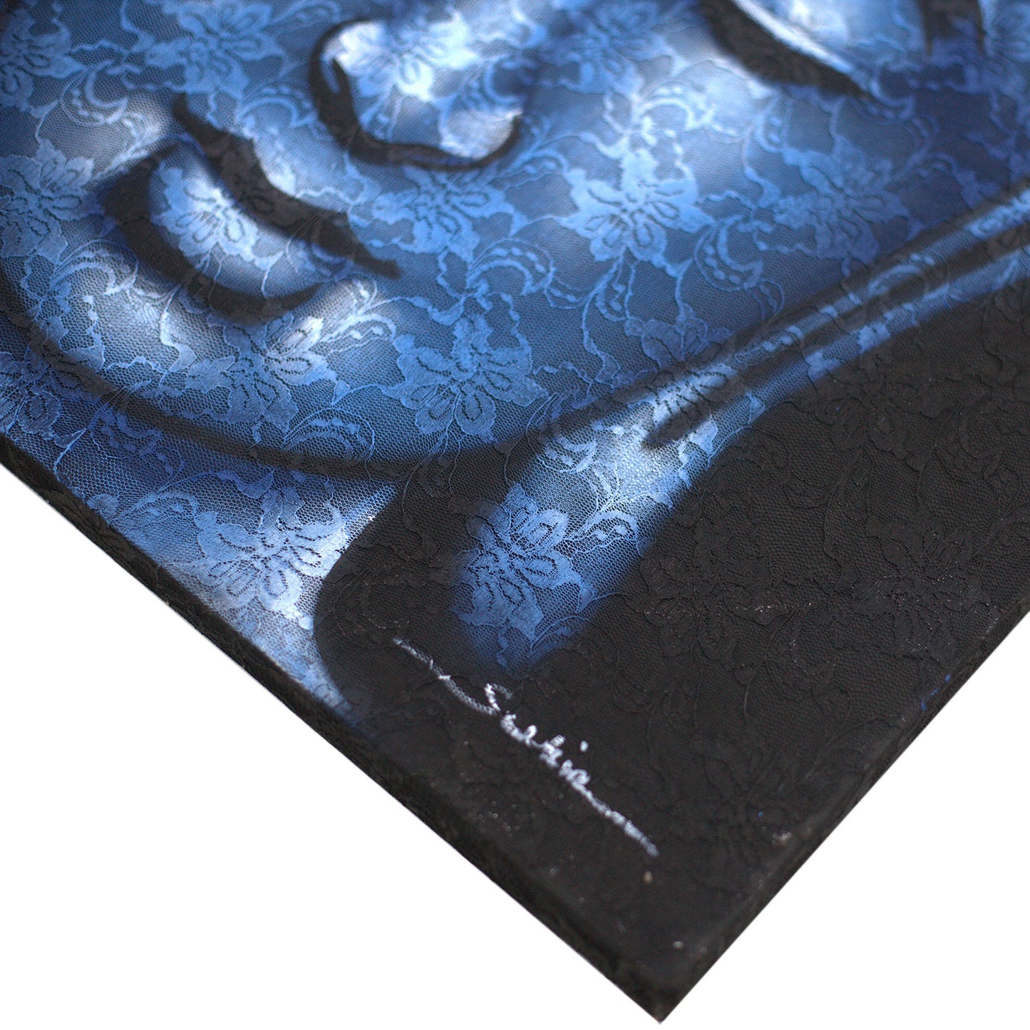 Peinture de Bouddha - Détail du brocart bleu