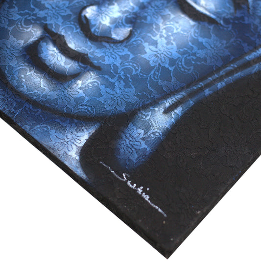 Peinture de Bouddha - Détail du brocart bleu
