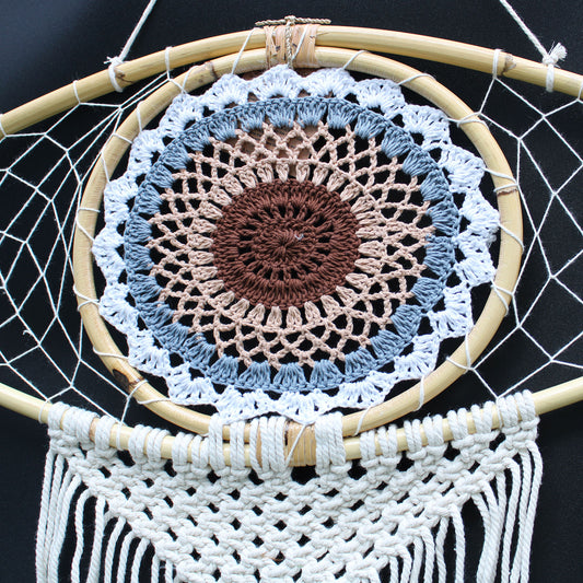 Attrape-rêves - Grand œil en macramé Blanc / Gris / Marron