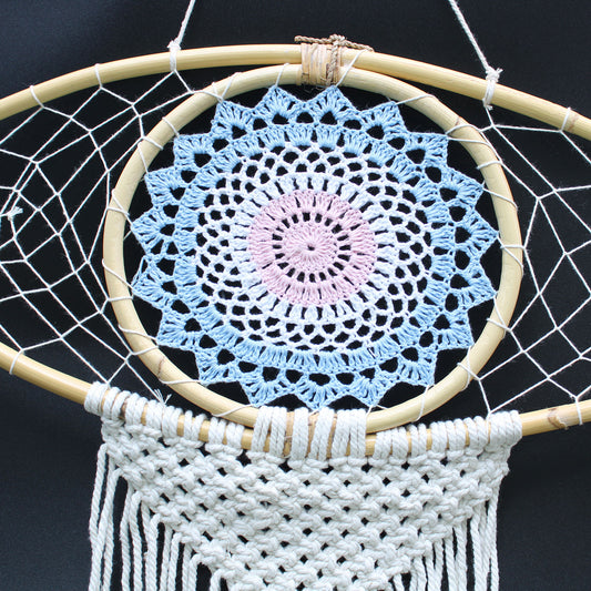 Attrape-rêves - Grand Macramé Oeil Bleu / Blanc / Rose