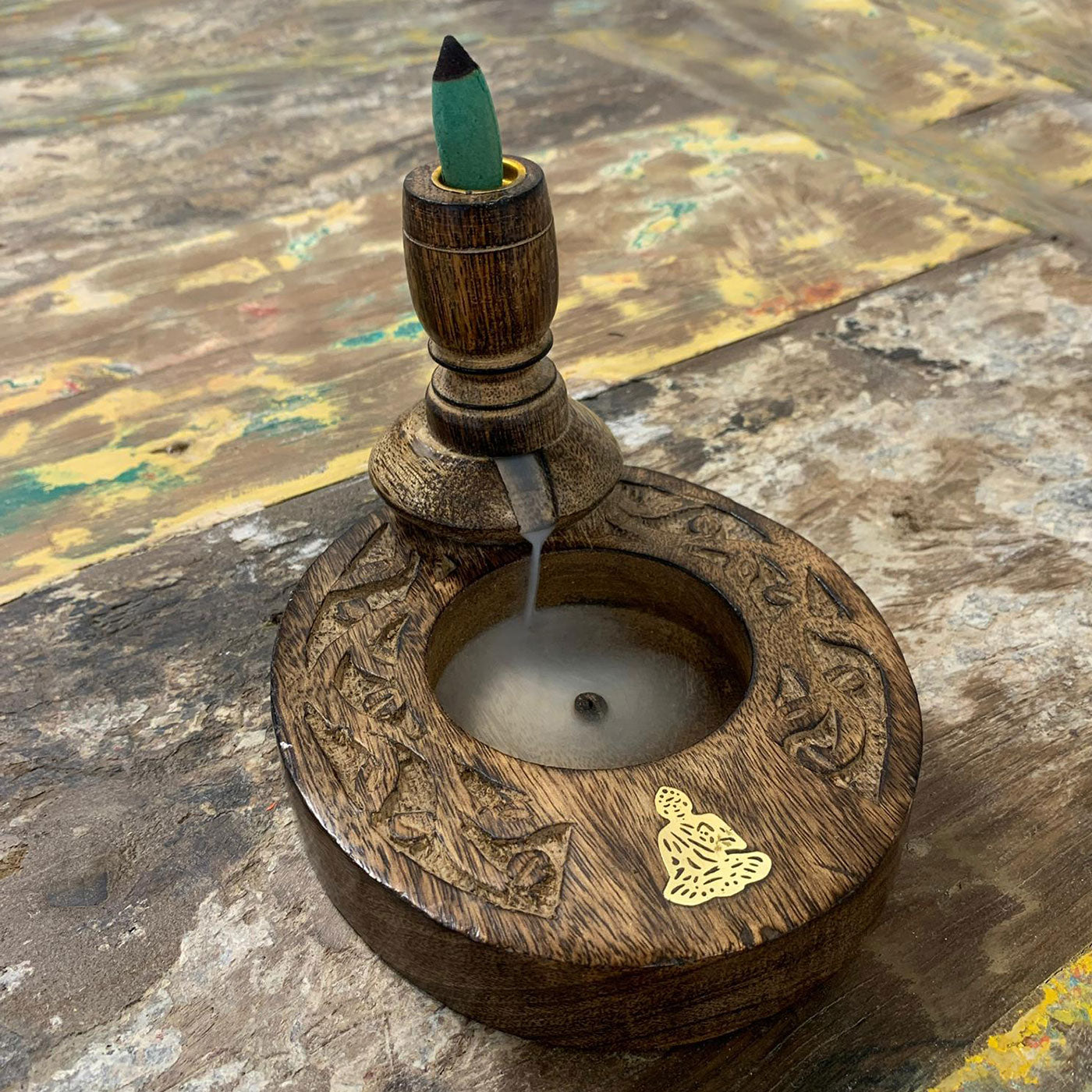 Brûleur inversé SM en bois de manguier - Bouddha en laiton