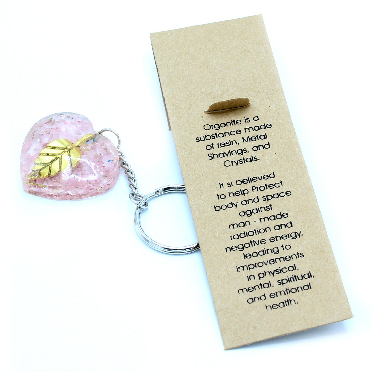 Porte-clés Power Orgonite - Cœurs en quartz rose et feuille d'or