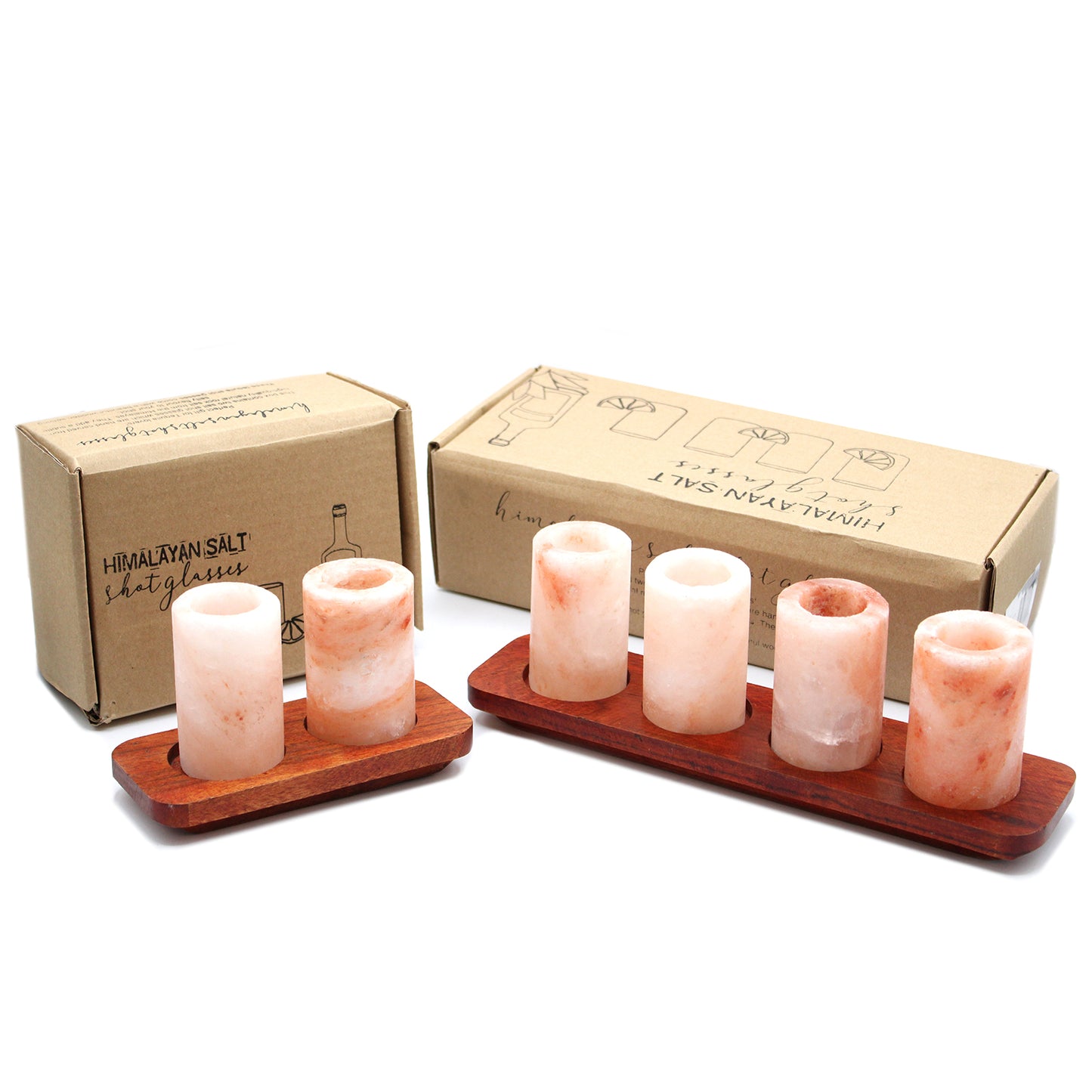 Ensemble de 4 verres à liqueur en sel de l'Himalaya et support de service en bois