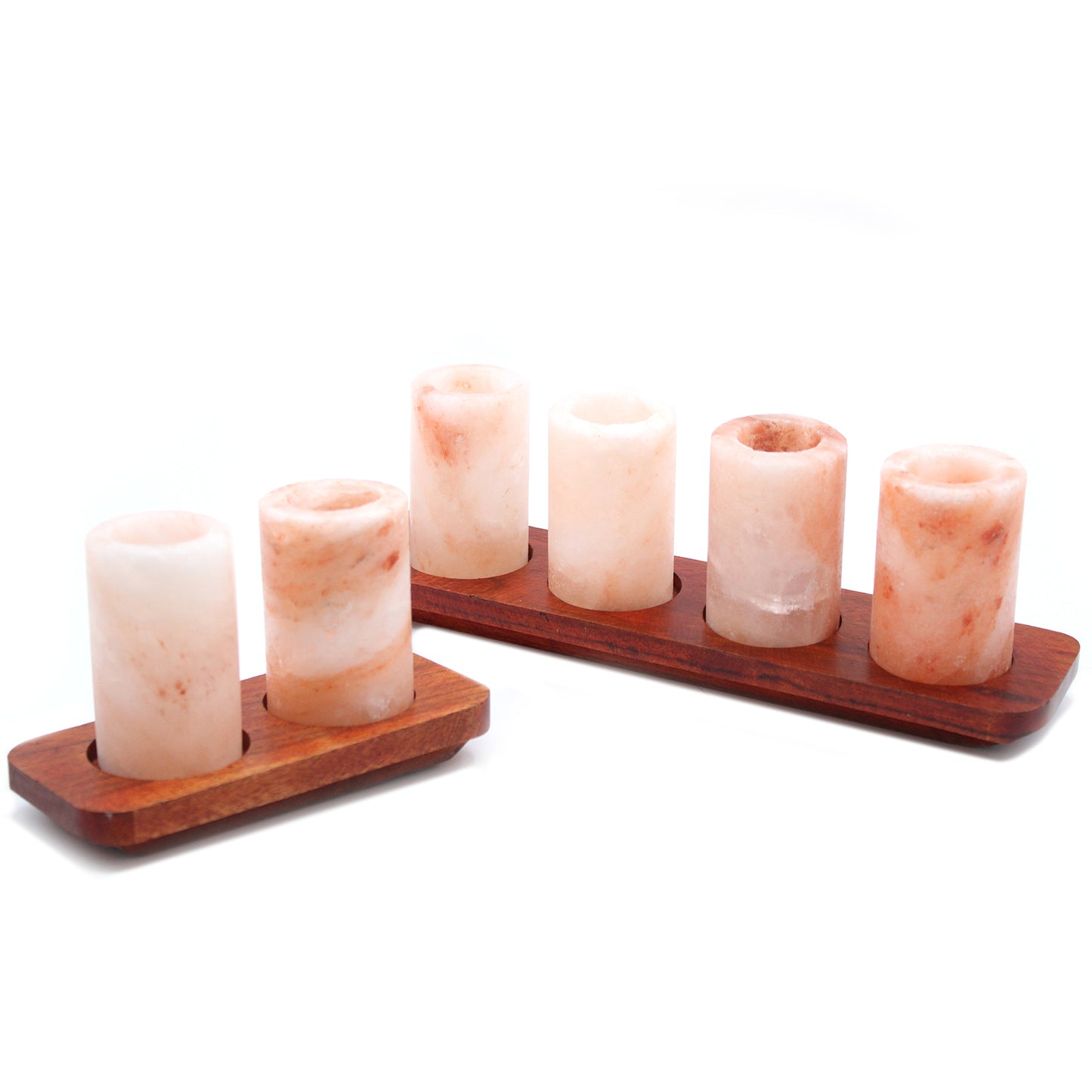 Ensemble de 2 verres à liqueur en sel de l'Himalaya et support de service en bois