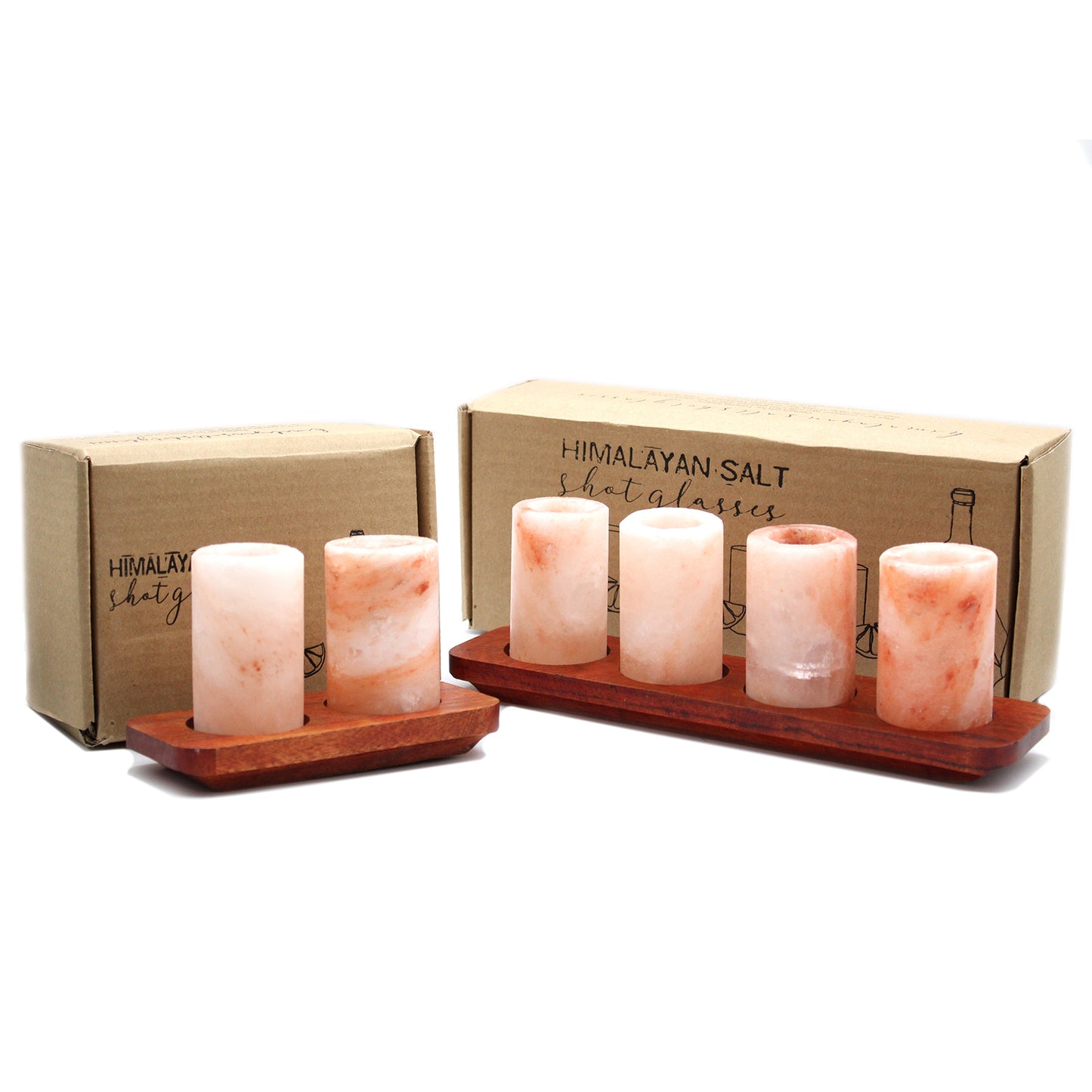 Ensemble de 2 verres à liqueur en sel de l'Himalaya et support de service en bois