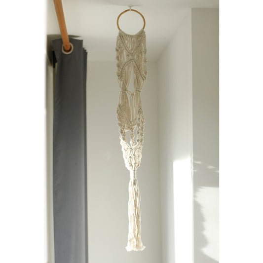 Jardinière en macramé - Longue avec anneau en rotin
