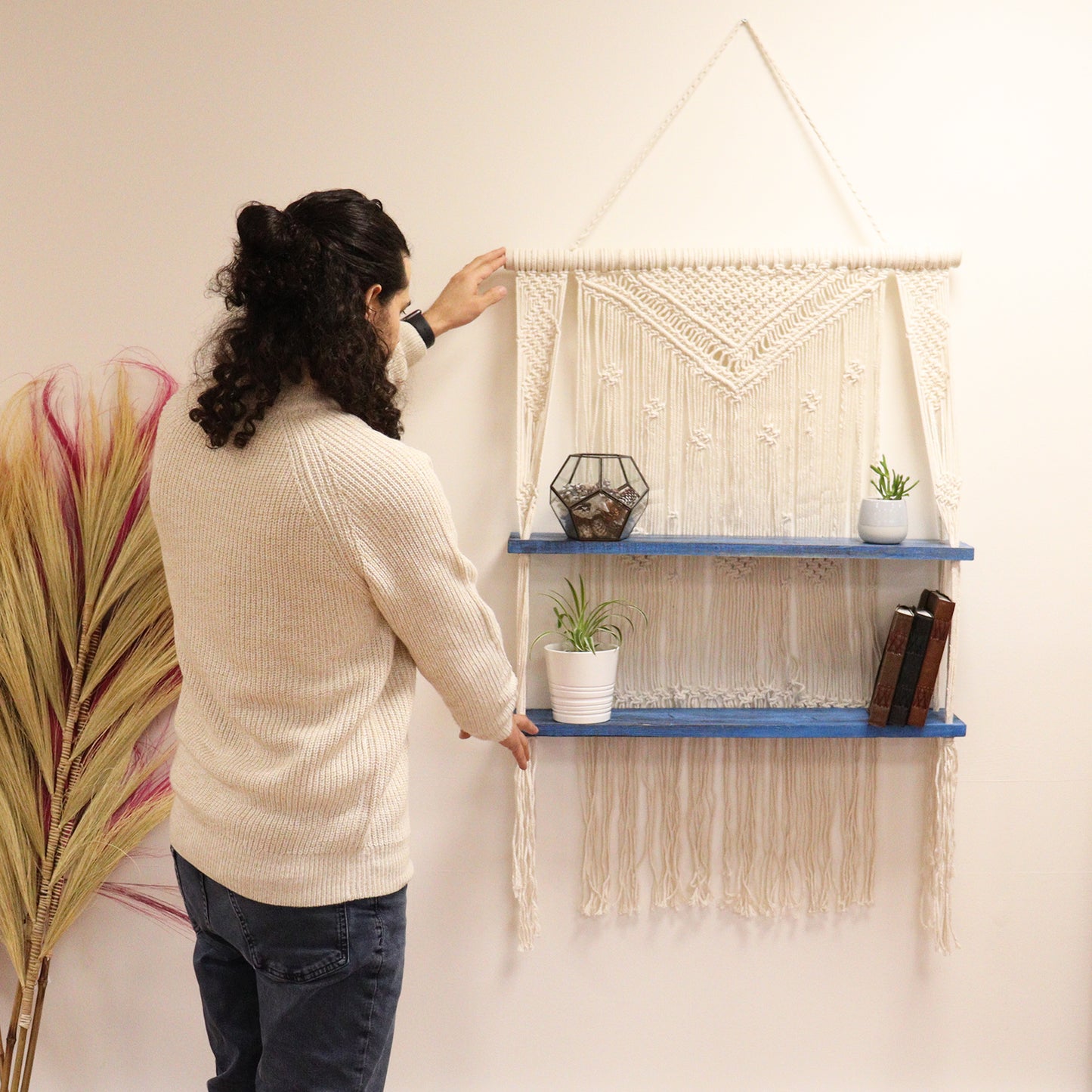Étagères suspendues en macramé naturel - Bleu