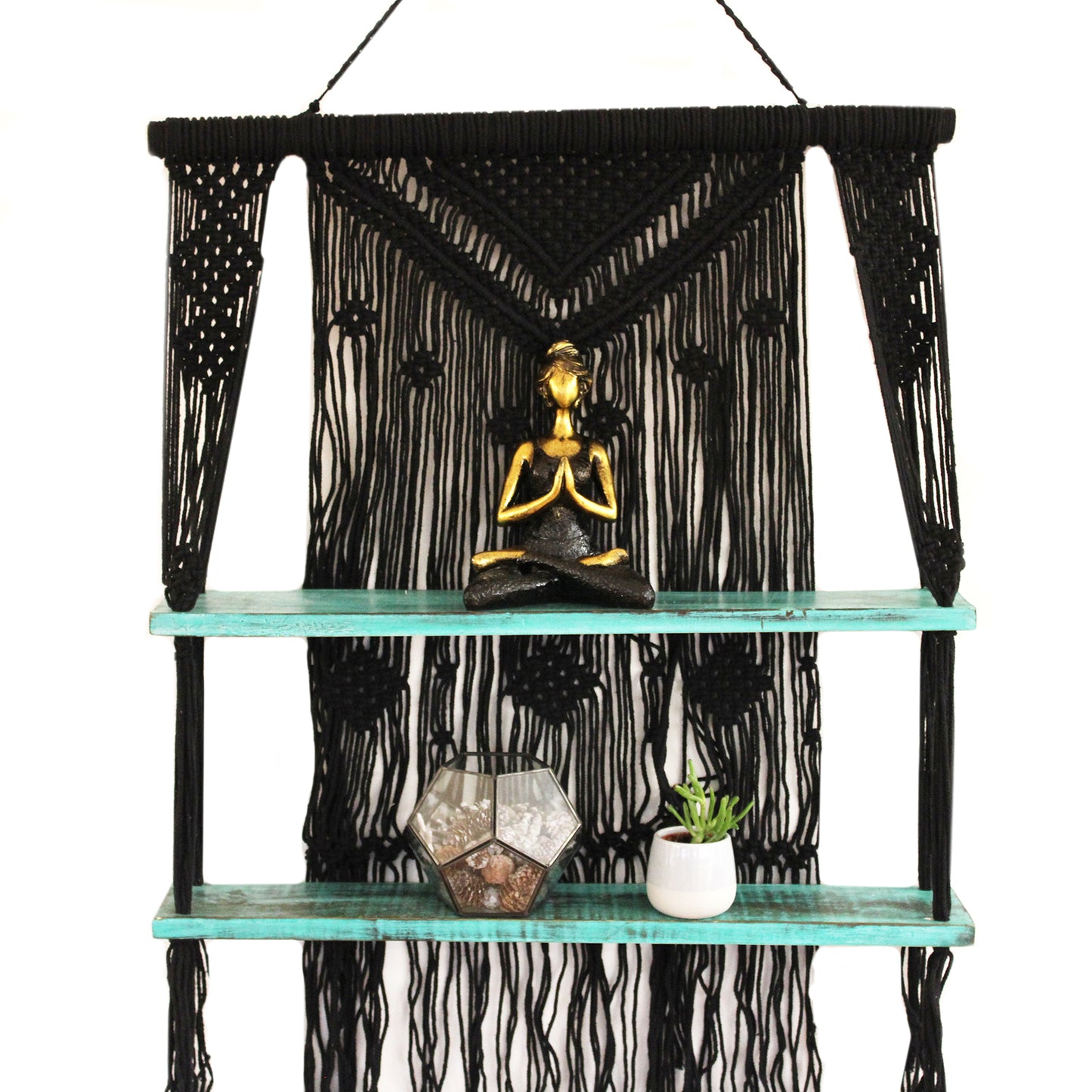 Étagères suspendues en macramé noir et turquoise
