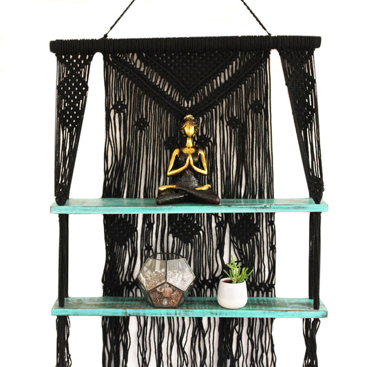 Étagères suspendues en macramé noir et turquoise