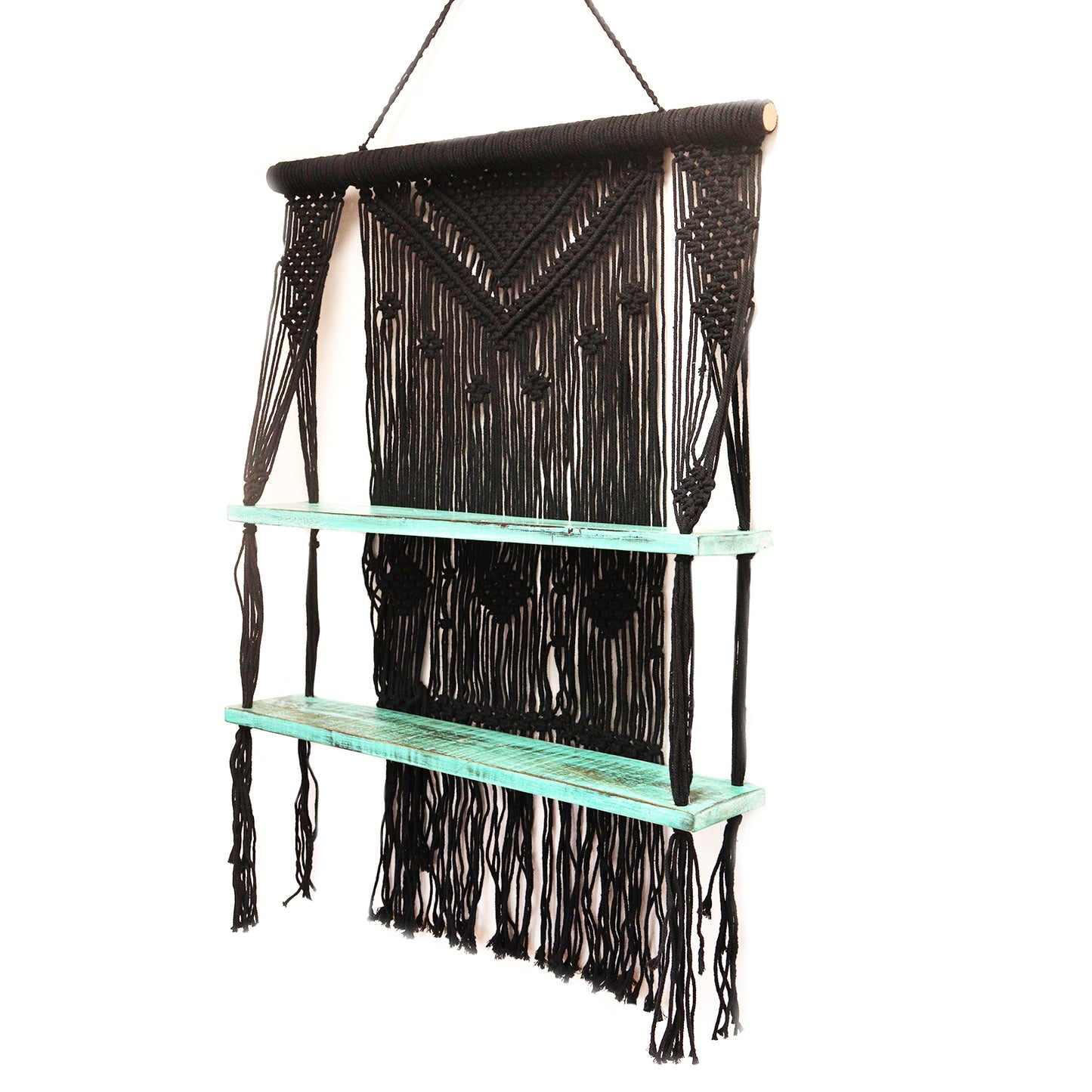 Étagères suspendues en macramé noir et turquoise