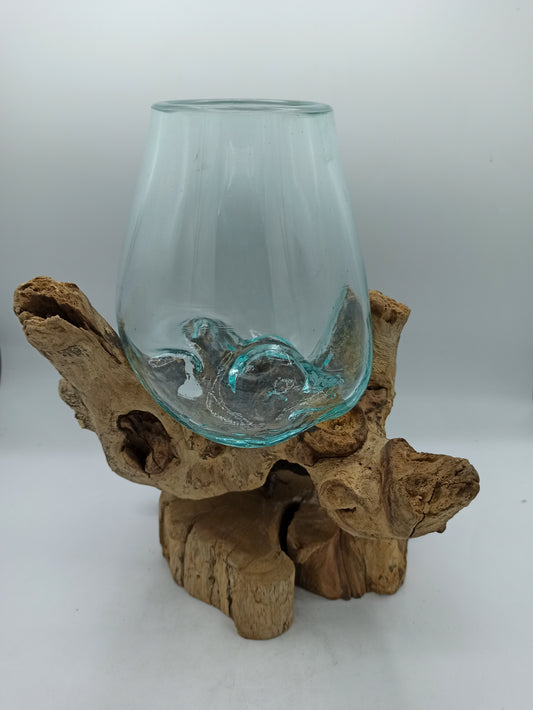 Verre fusionné sur bois avec support - Grand bol