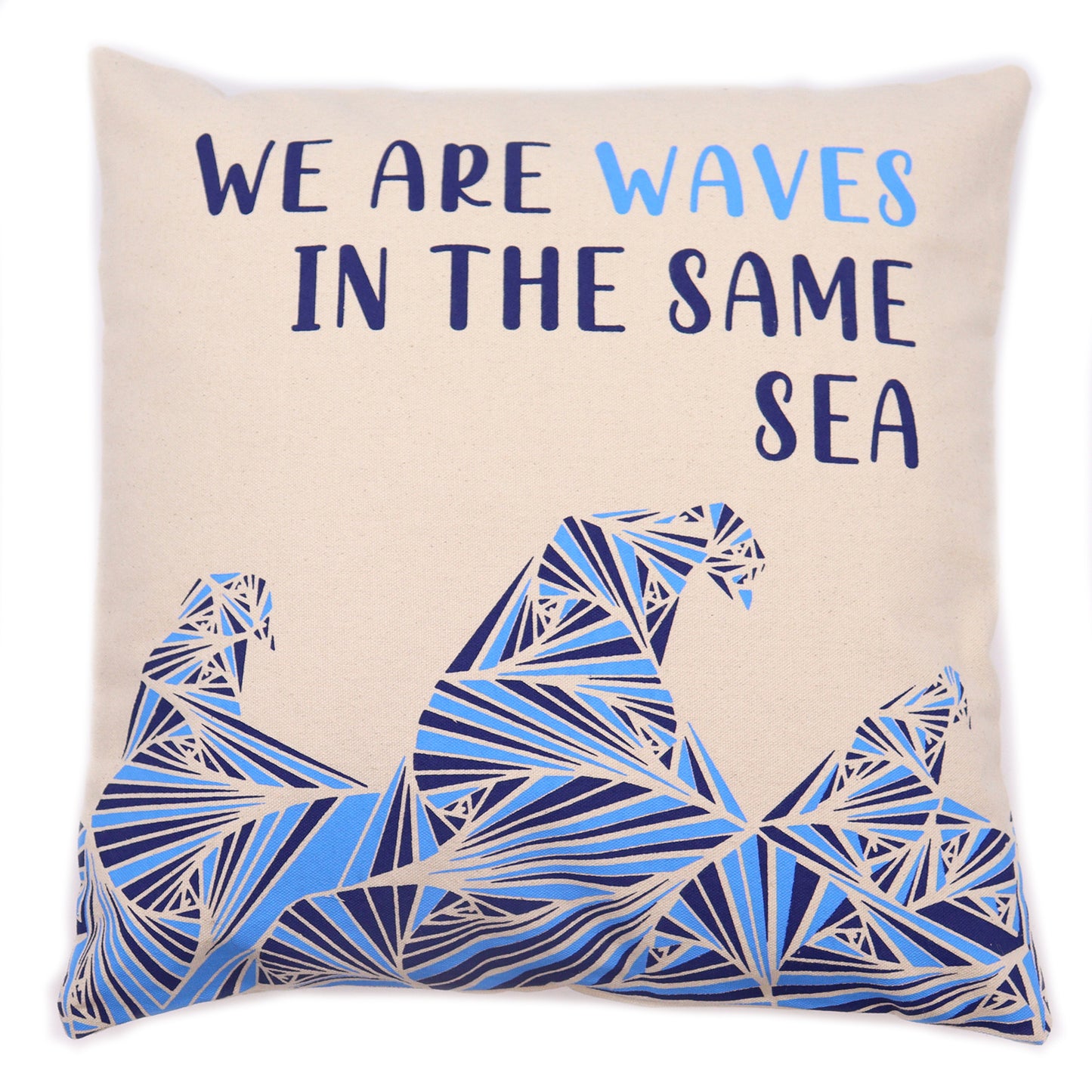 Housse de coussin en coton imprimé - We Are Waves - Gris, bleu et naturel