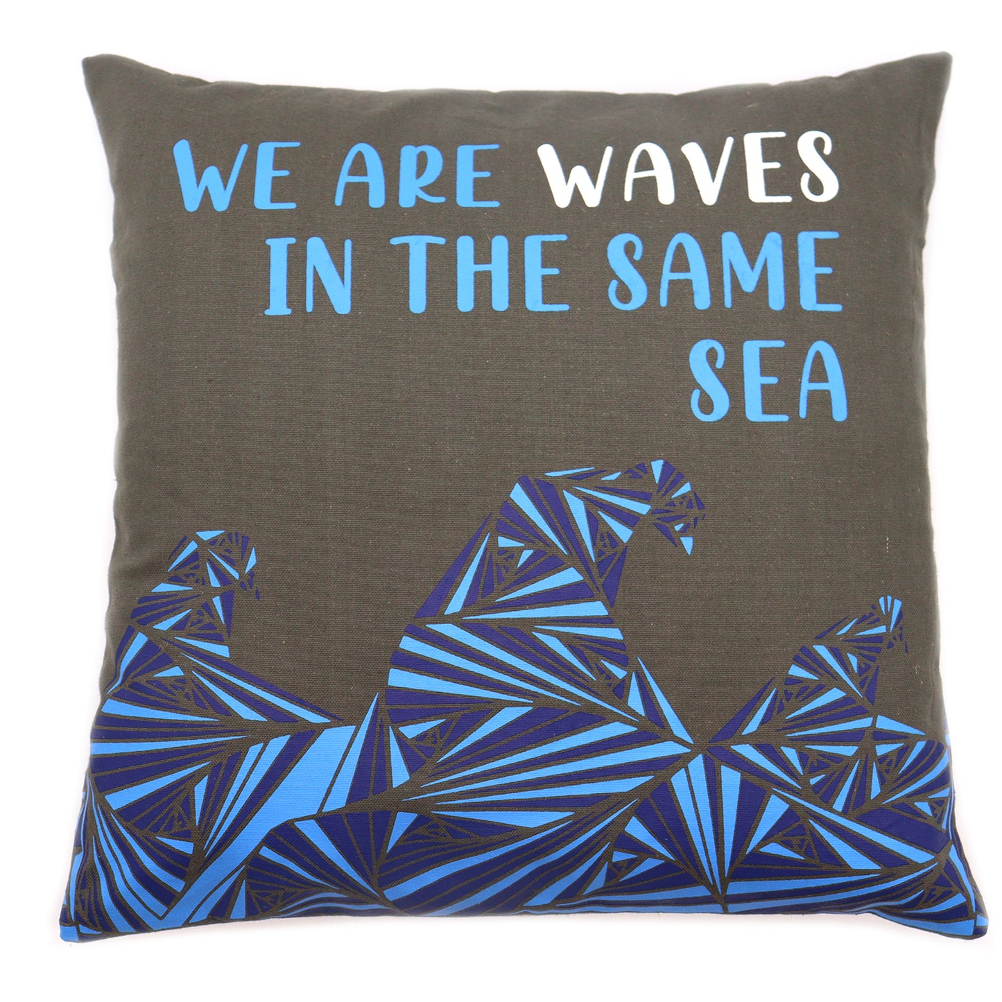 Housse de coussin en coton imprimé - We Are Waves - Gris, bleu et naturel