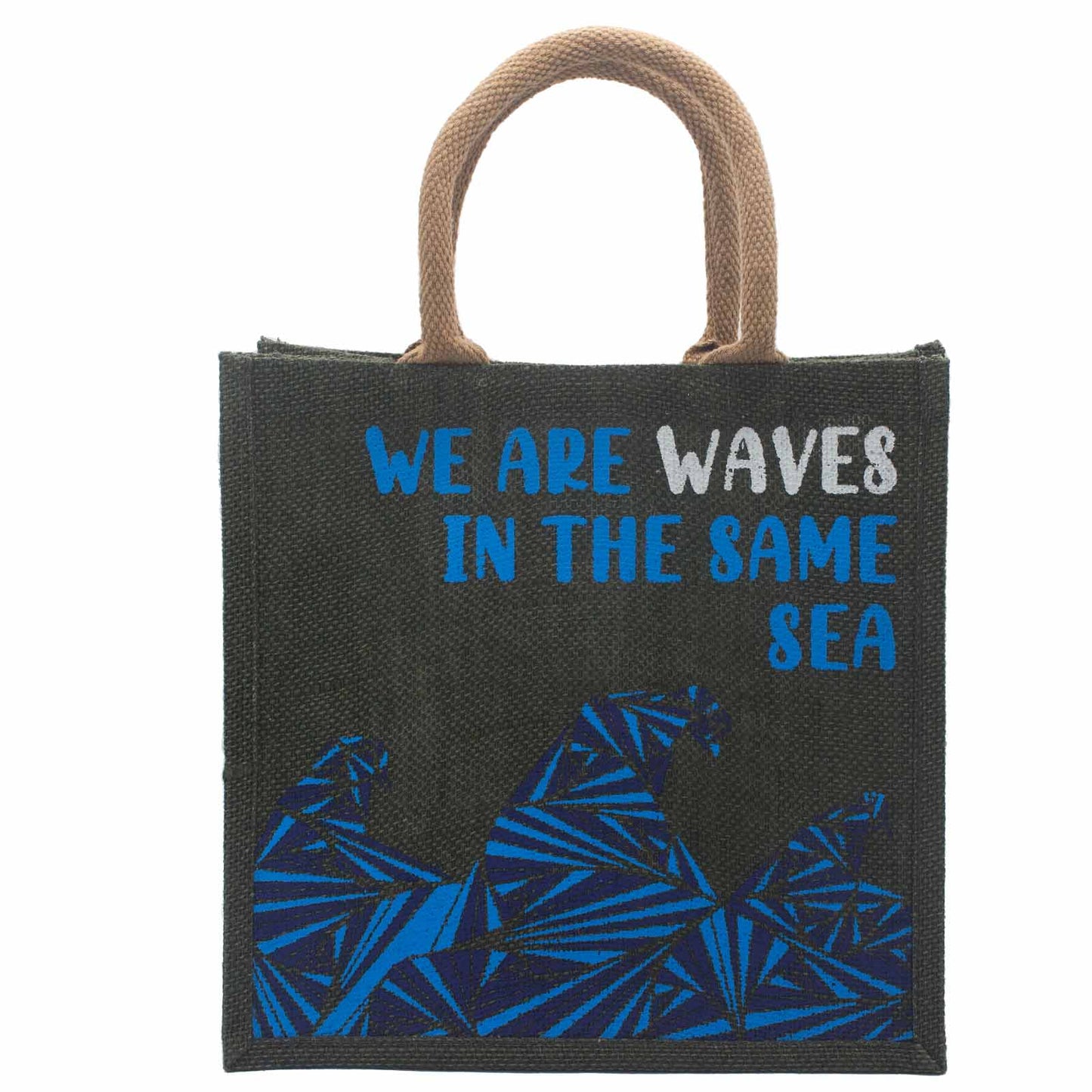 Sac en jute imprimé - We are waves - Gris, Bleu et Naturel