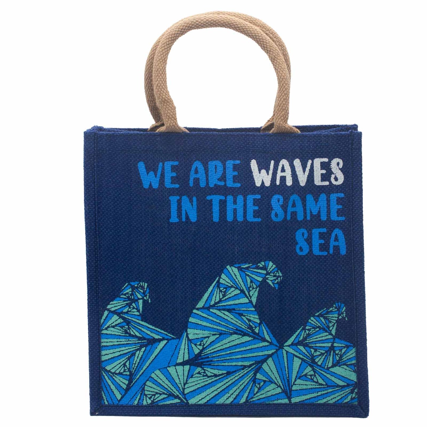 Sac en jute imprimé - We are waves - Gris, Bleu et Naturel