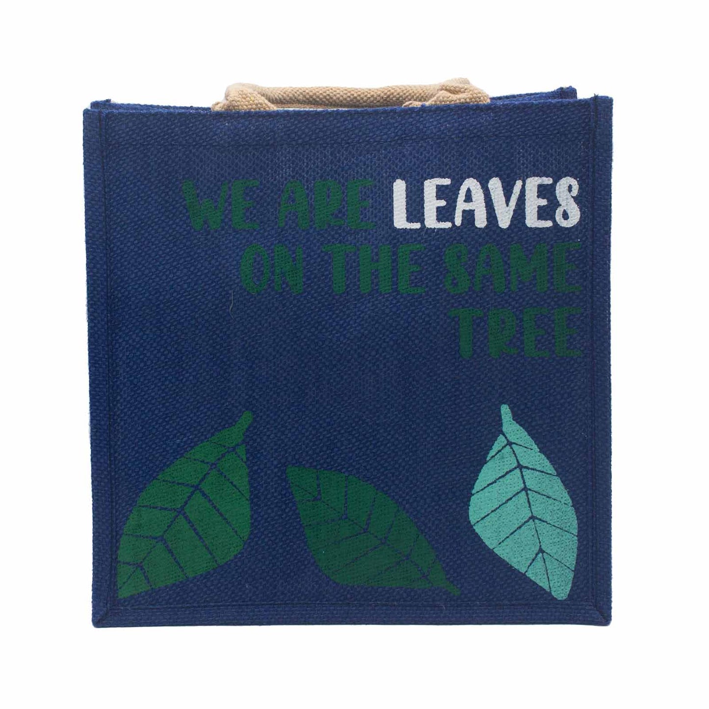 Sac en jute imprimé - Nous sommes des feuilles - Jaune, Bleu et Naturel