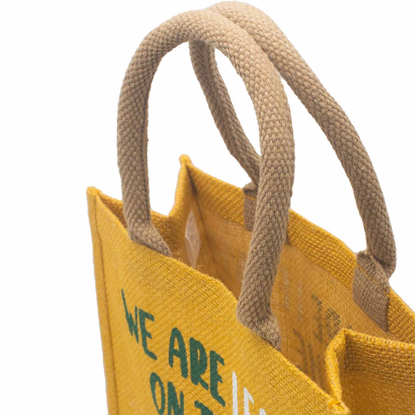 Sac en jute imprimé - Nous sommes des feuilles - Jaune, Bleu et Naturel