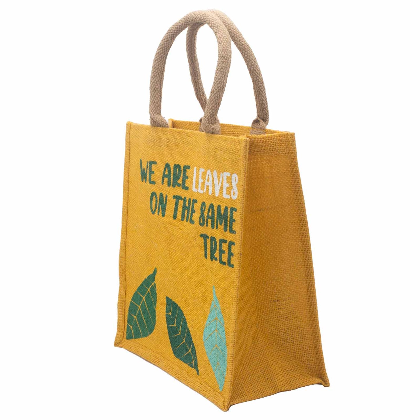 Sac en jute imprimé - Nous sommes des feuilles - Jaune, Bleu et Naturel