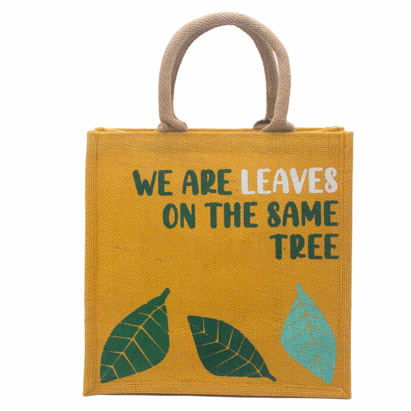 Sac en jute imprimé - Nous sommes des feuilles - Jaune, Bleu et Naturel