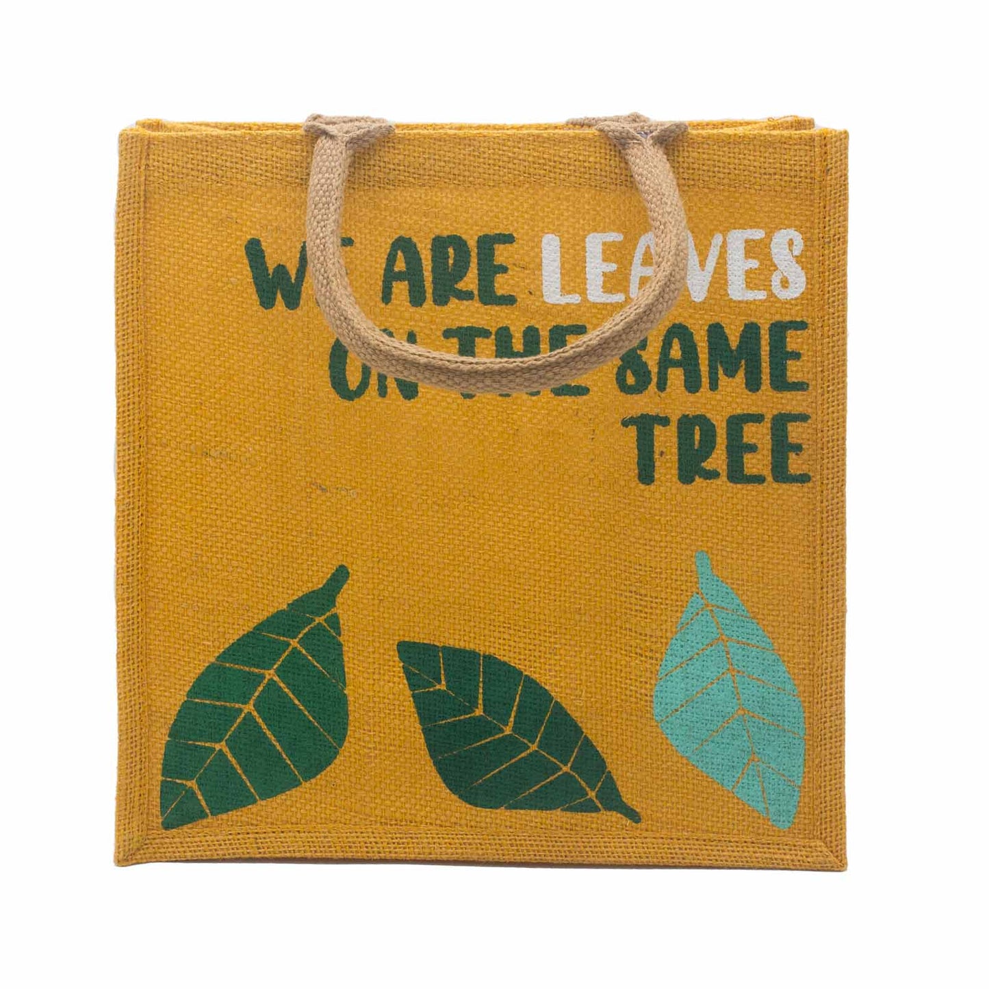Sac en jute imprimé - Nous sommes des feuilles - Jaune, Bleu et Naturel