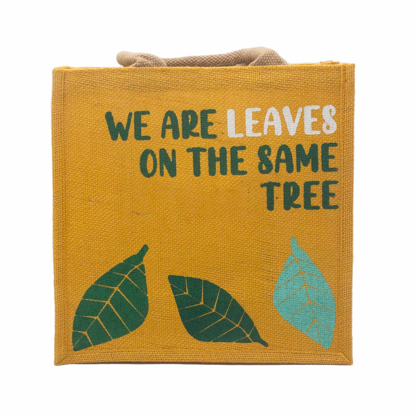 Sac en jute imprimé - Nous sommes des feuilles - Jaune, Bleu et Naturel