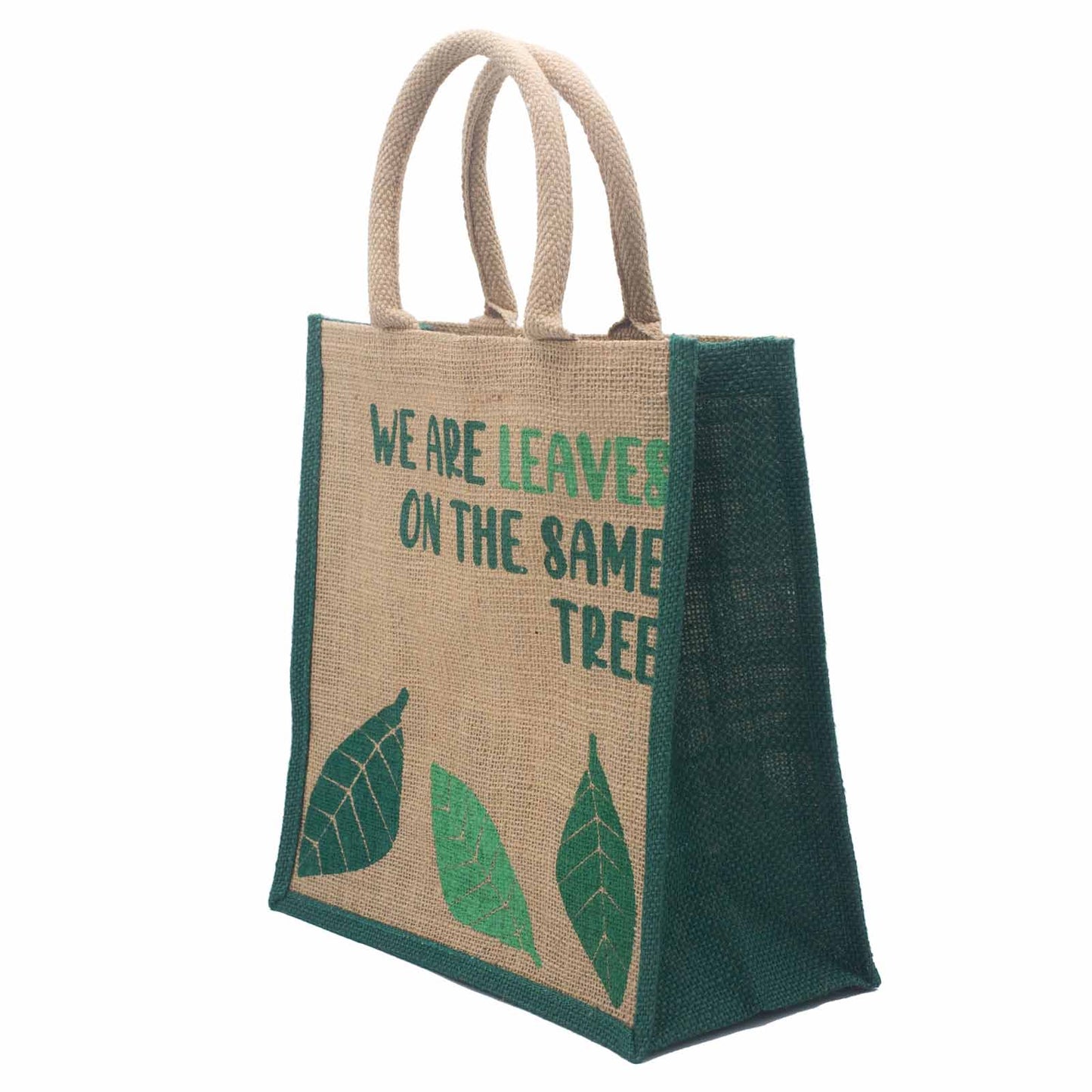 Sac en jute imprimé - Nous sommes des feuilles - Jaune, Bleu et Naturel