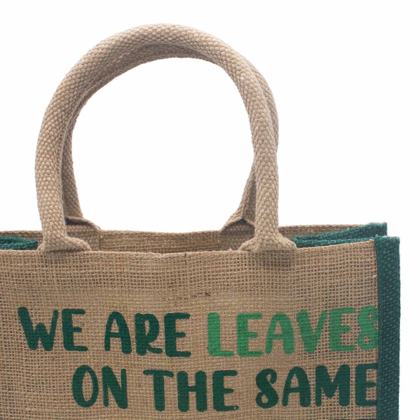 Sac en jute imprimé - Nous sommes des feuilles - Jaune, Bleu et Naturel