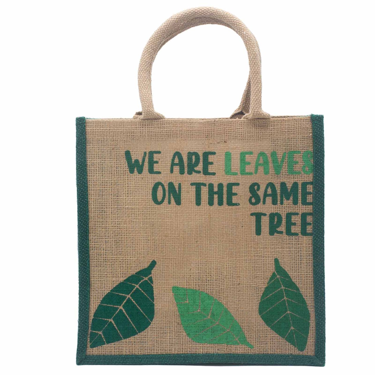 Sac en jute imprimé - Nous sommes des feuilles - Jaune, Bleu et Naturel